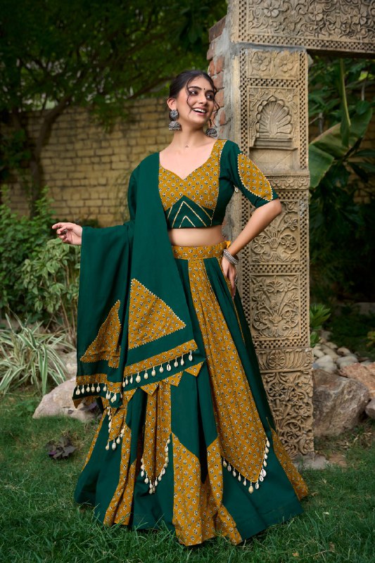 Navratri Special Green & Yellow Color Fully Flaired Pure Cotton Base Lehenga Choli Set