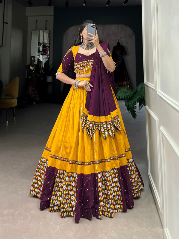 Navratri Special Yellow & Magenta Color Fully Flaired Pure Cotton Base Gamthi Work Lehenga Choli Set