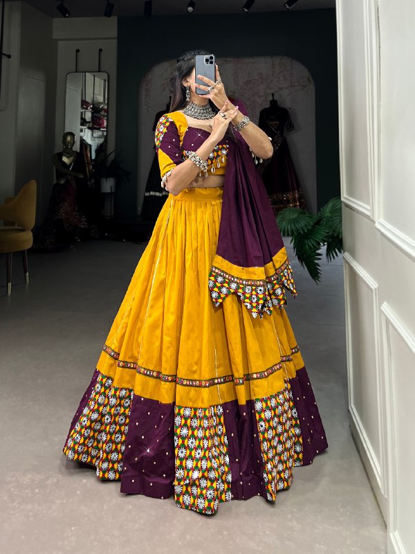 Navratri Special Yellow & Magenta Color Fully Flaired Pure Cotton Base Gamthi Work Lehenga Choli Set