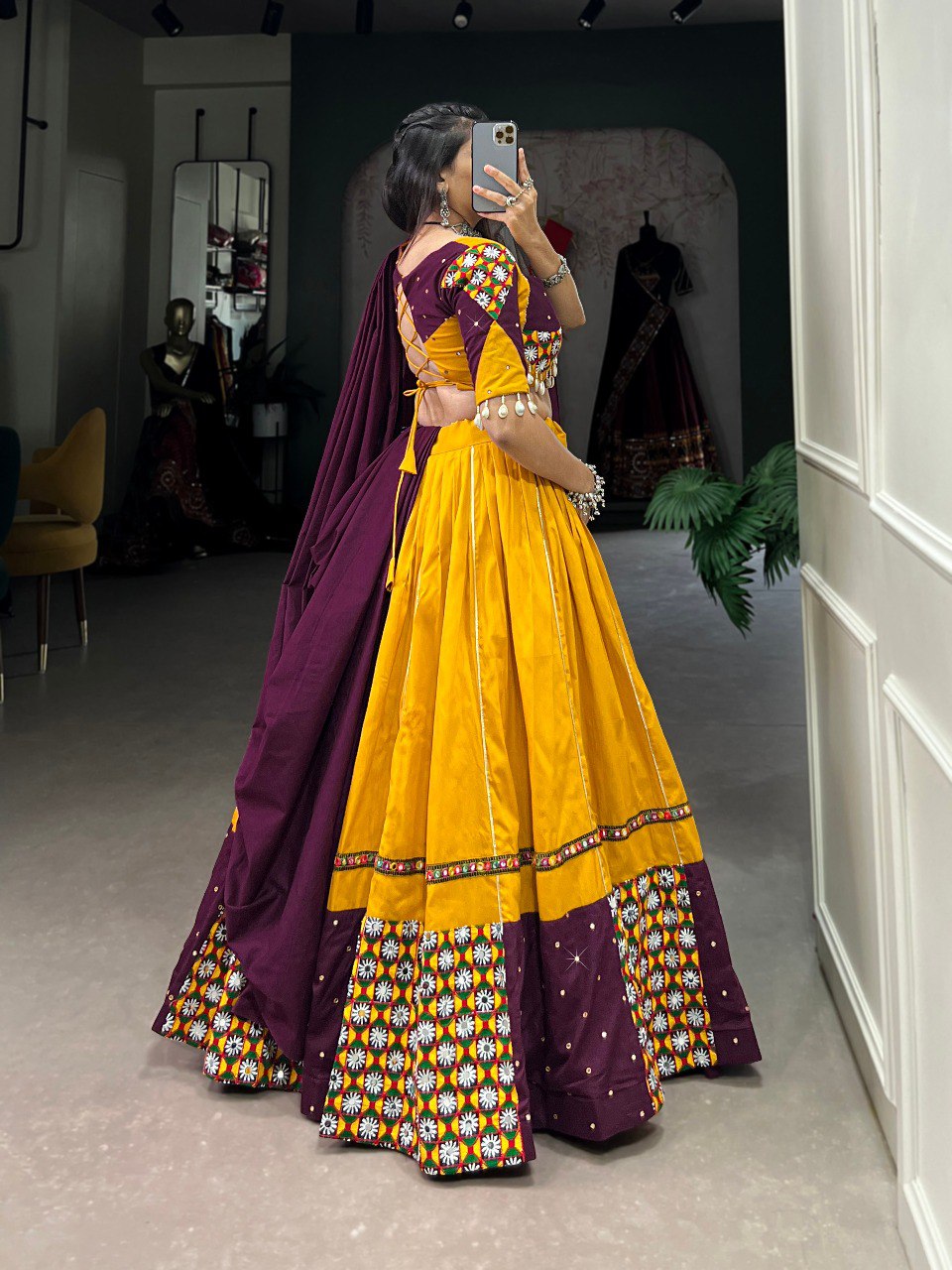 Navratri Special Yellow & Magenta Color Fully Flaired Pure Cotton Base Gamthi Work Lehenga Choli Set