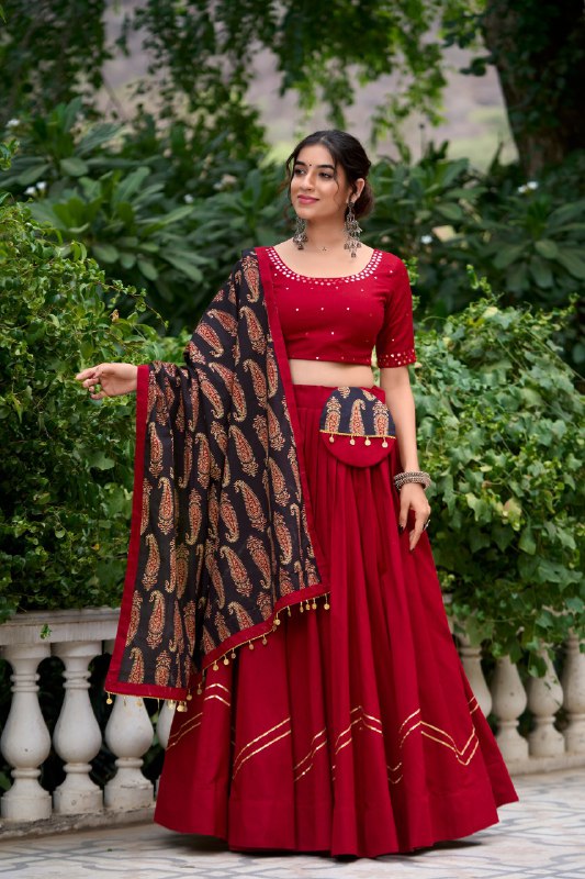 Navratri Special Fully Flaired Pure Cotton Base Gamthi Work Lehenga Choli Set