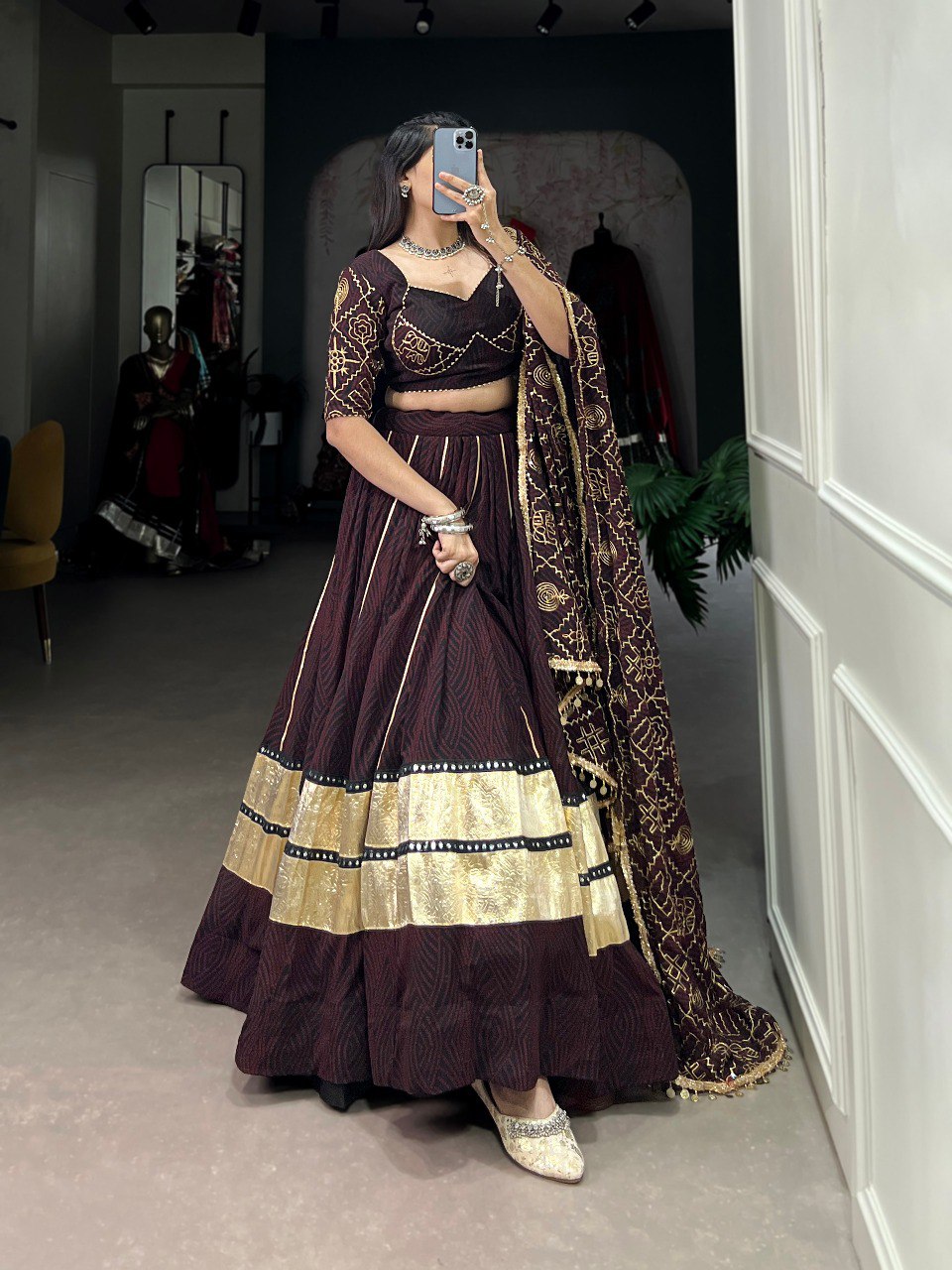 Navratri Special Brown Color Fully Flaired Georgette Base Lehenga Choli Set