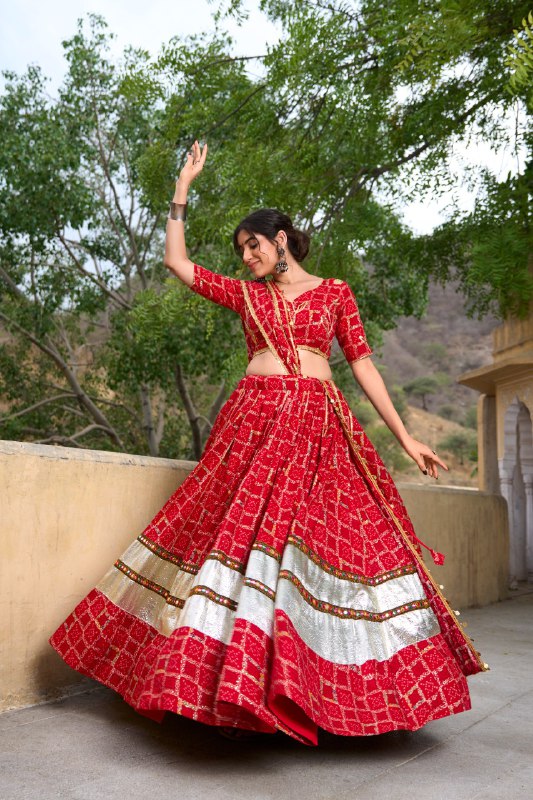 Navratri Special Red Color Fully Flaired Pure Rayon Base Lehenga Choli Set