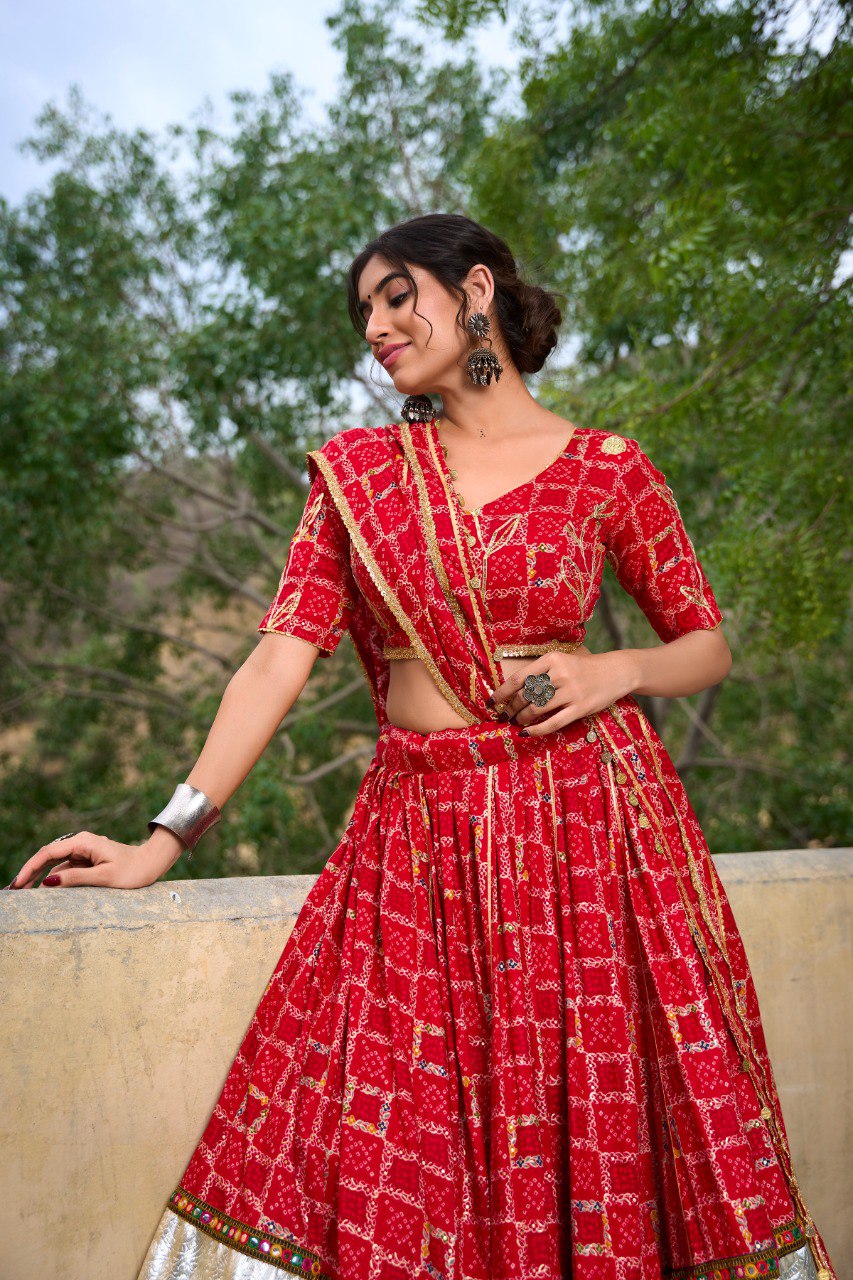 Navratri Special Red Color Fully Flaired Pure Rayon Base Lehenga Choli Set