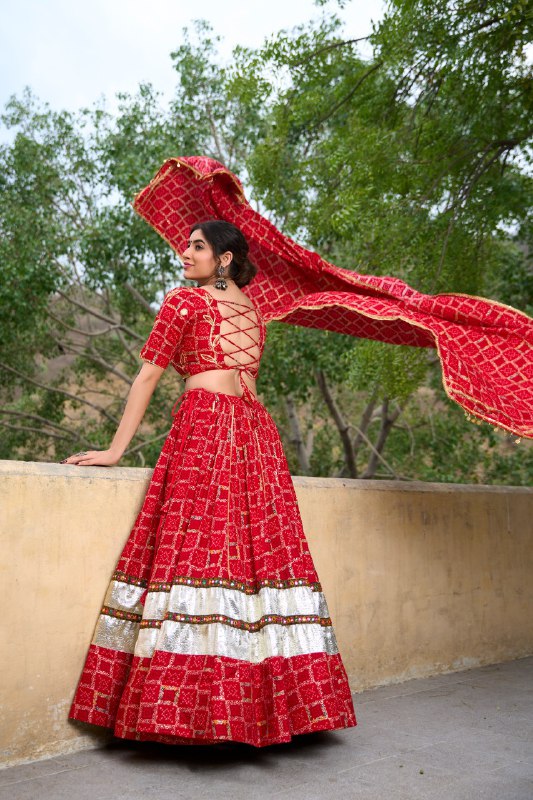 Navratri Special Red Color Fully Flaired Pure Rayon Base Lehenga Choli Set