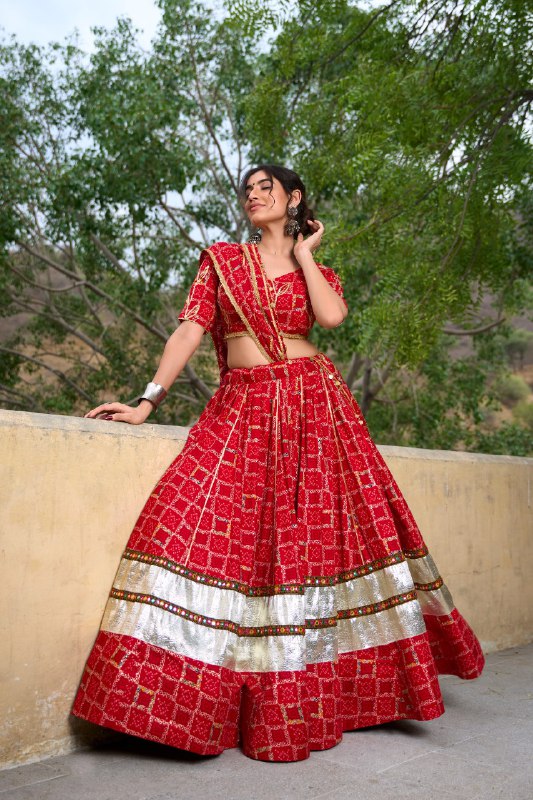 Navratri Special Red Color Fully Flaired Pure Rayon Base Lehenga Choli Set