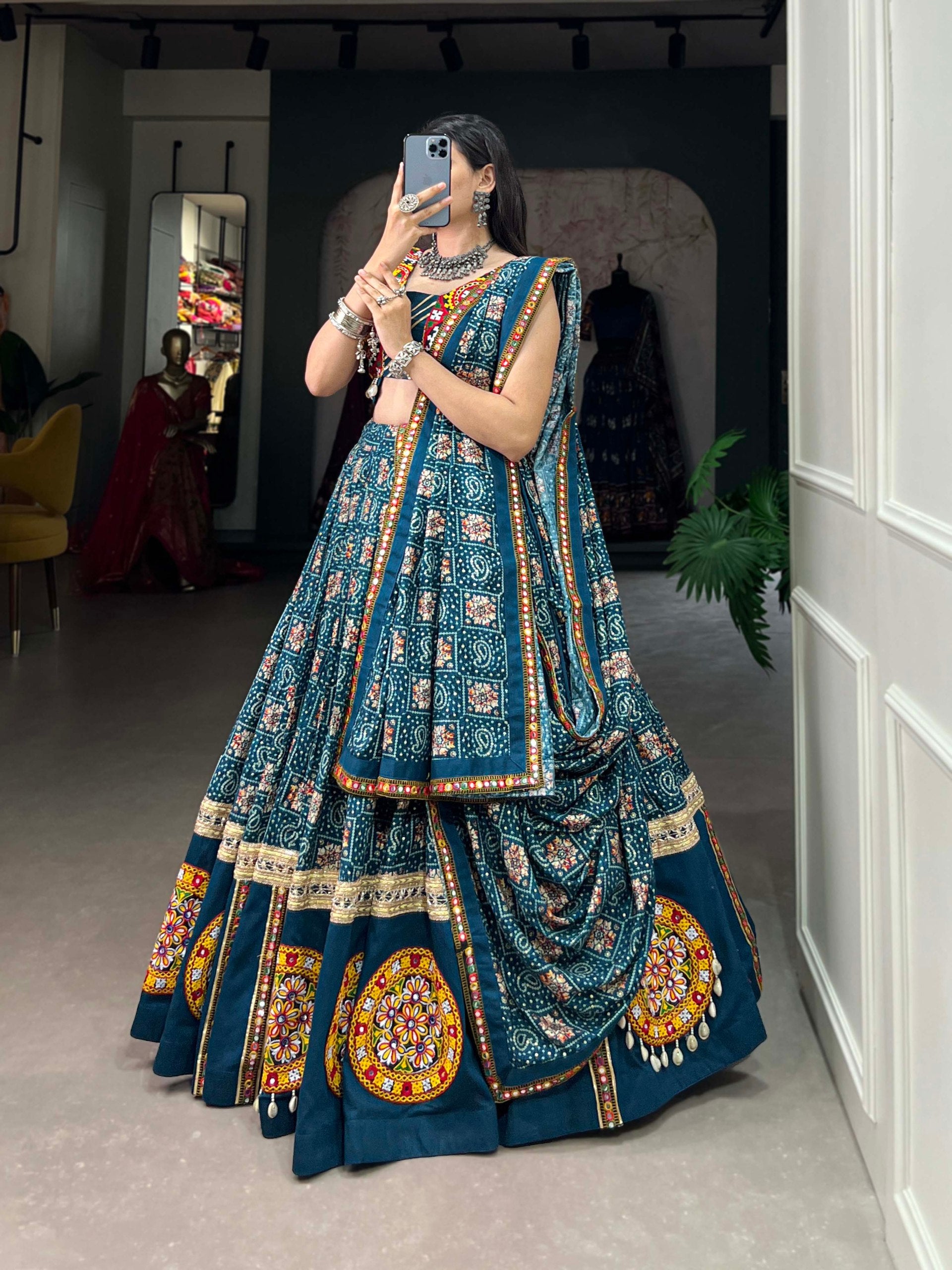 Navratri Special Rama Color Fully Flaired Pure Rayon Base Lehenga Choli Set