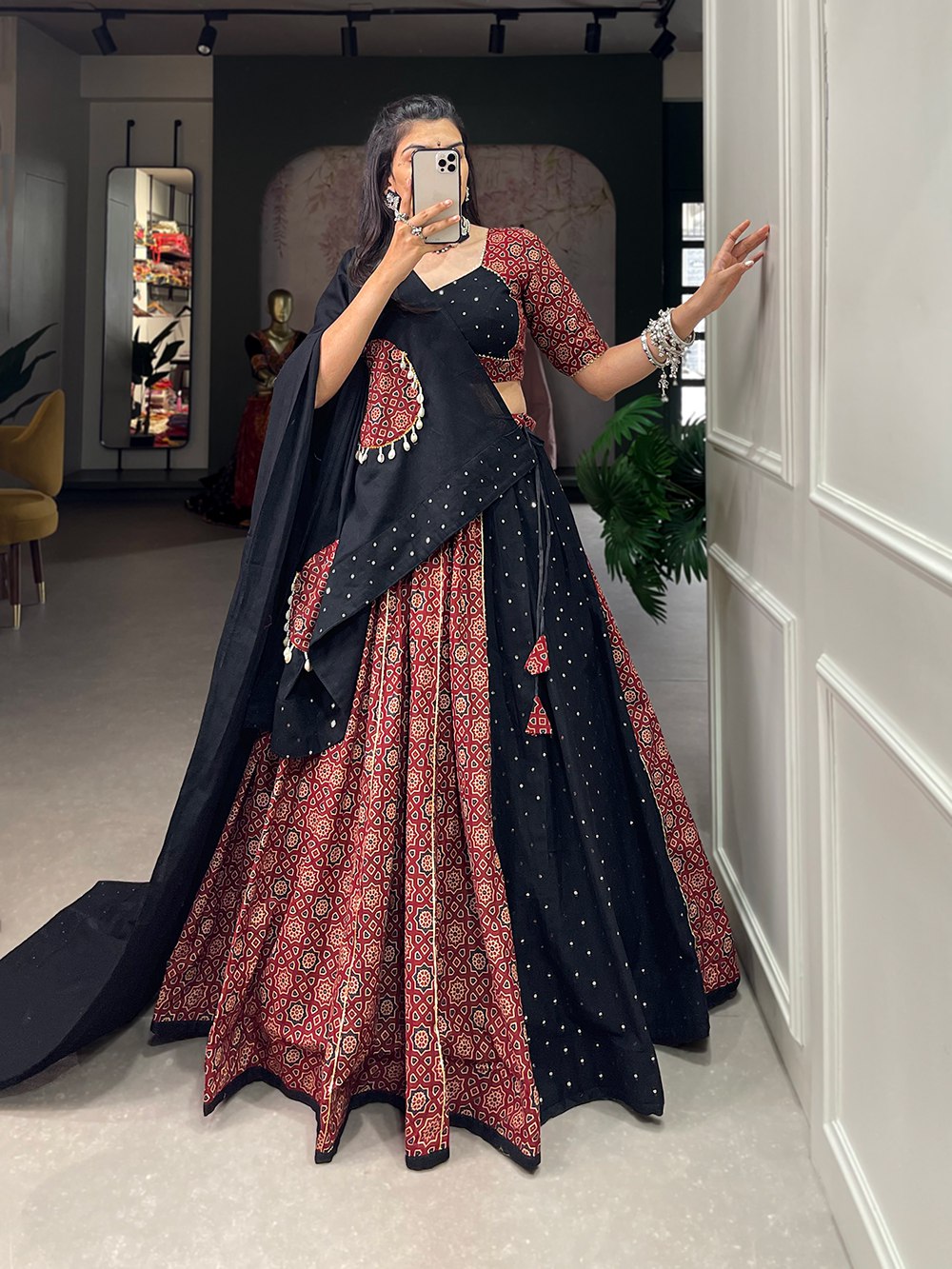 Navratri Special Black & Maroon Fully Flaired Pure Cotton  Base Lehenga Choli Set