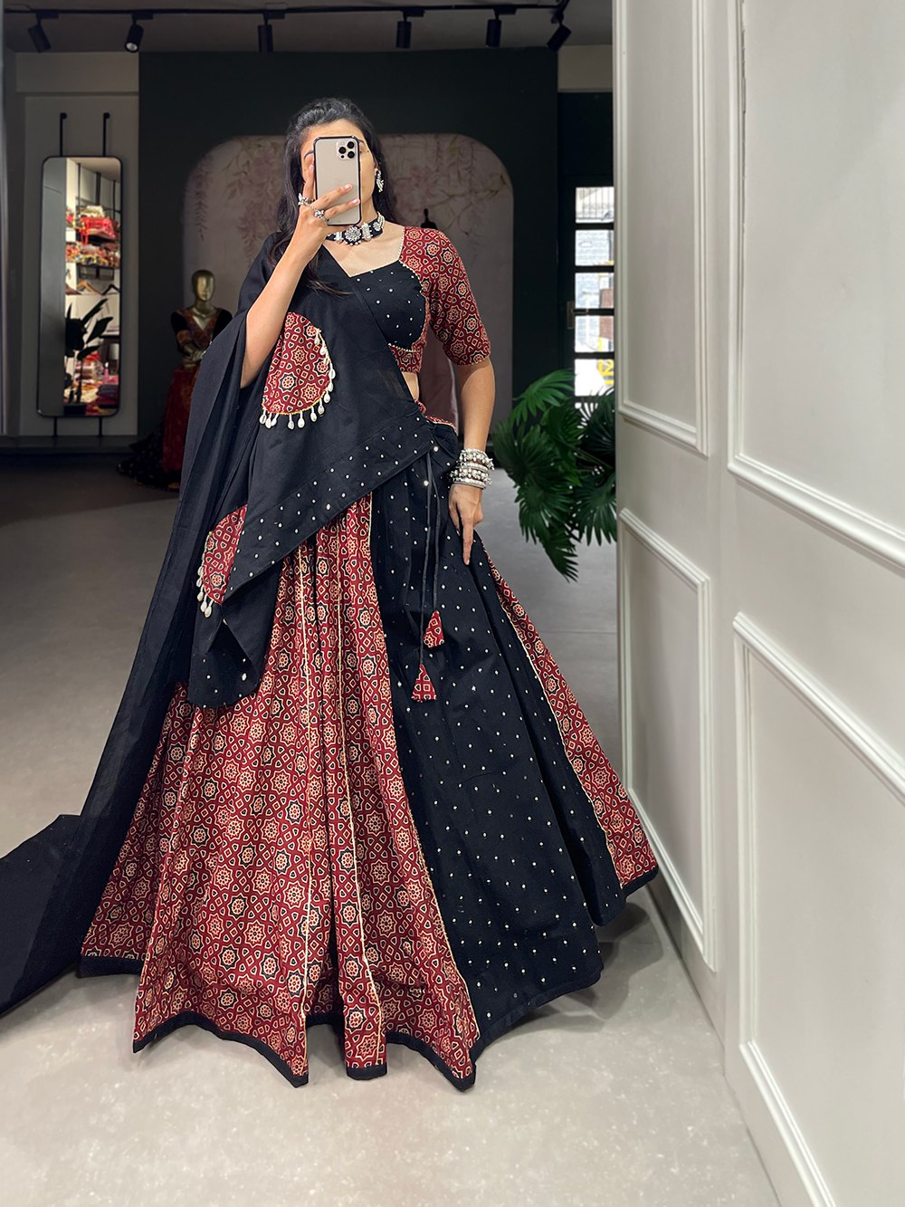 Navratri Special Black & Maroon Fully Flaired Pure Cotton  Base Lehenga Choli Set