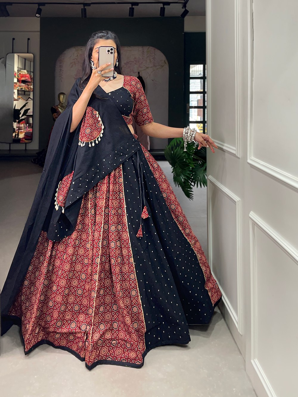 Navratri Special Black & Maroon Fully Flaired Pure Cotton  Base Lehenga Choli Set