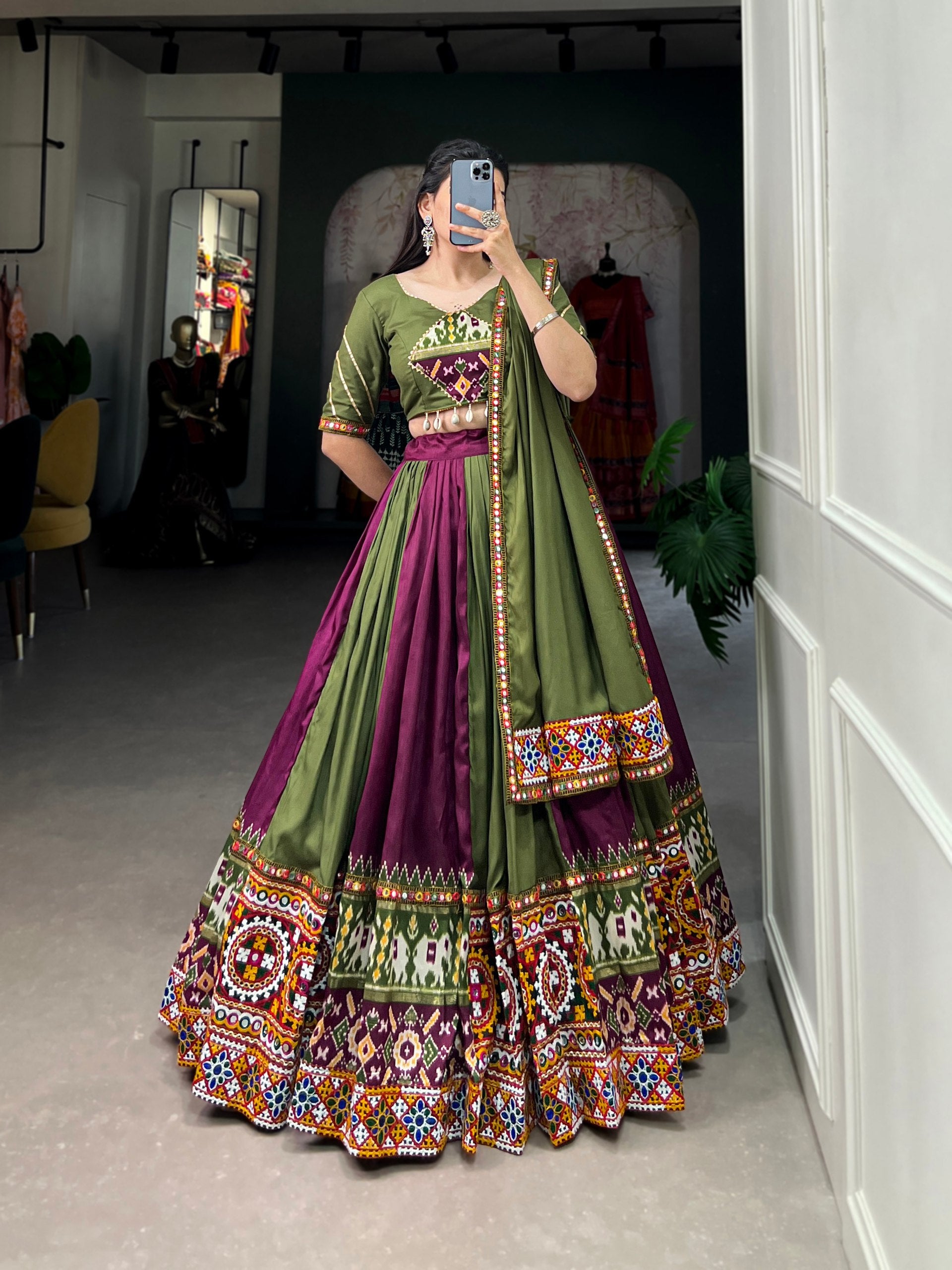 Navratri Special Multicolor Fully Flaired Rayon With Printed Silk Base Lehenga Choli Set