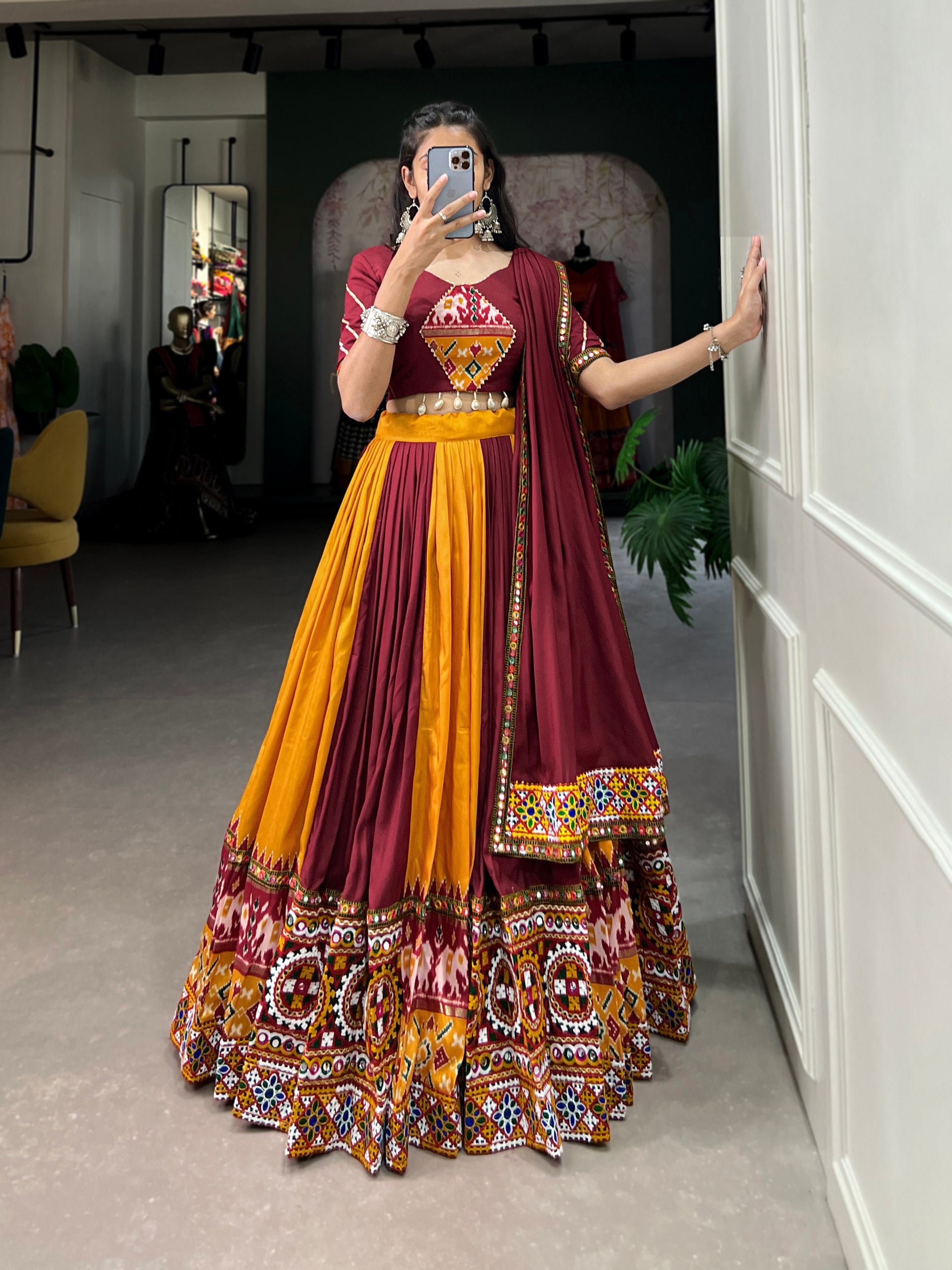 Navratri Special Multicolor Fully Flaired Rayon With Printed Silk Base Lehenga Choli Set