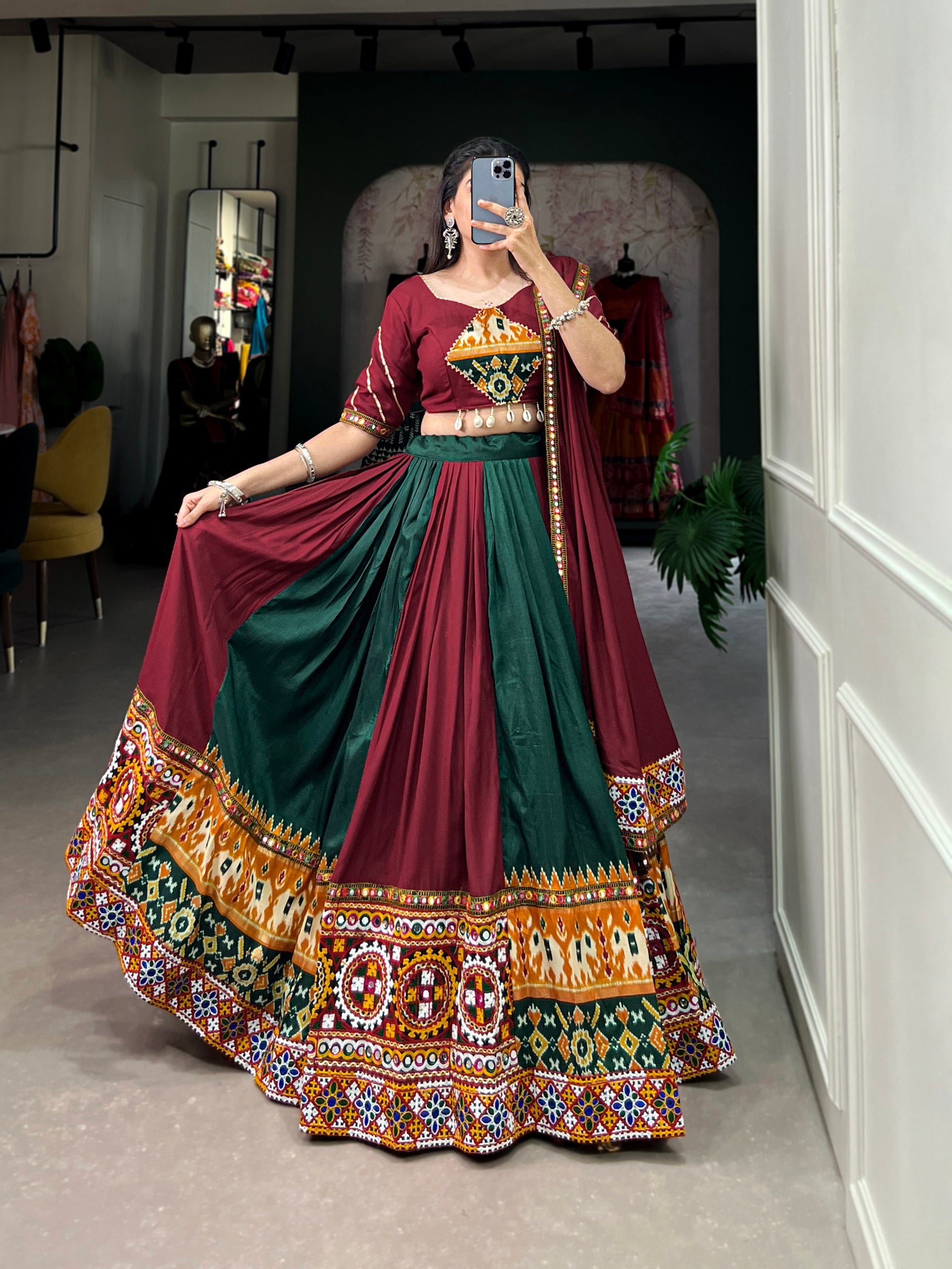 Navratri Special Multicolor Fully Flaired Rayon With Printed Silk Base Lehenga Choli Set