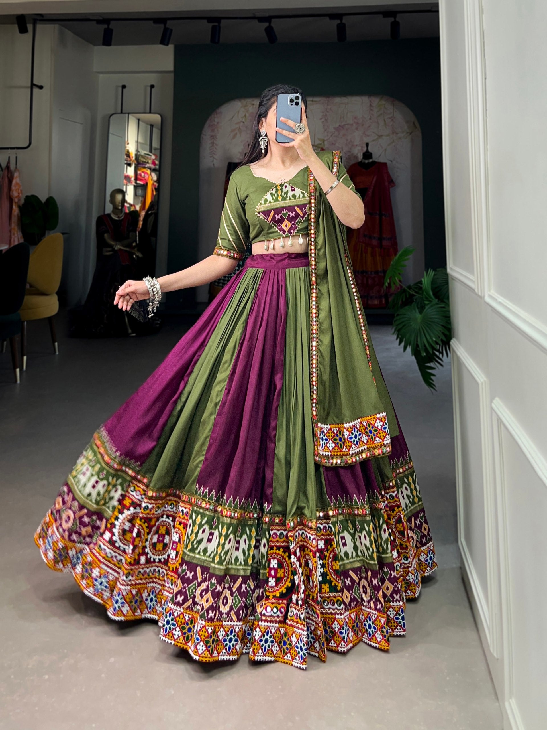 Navratri Special Multicolor Fully Flaired Rayon With Printed Silk Base Lehenga Choli Set