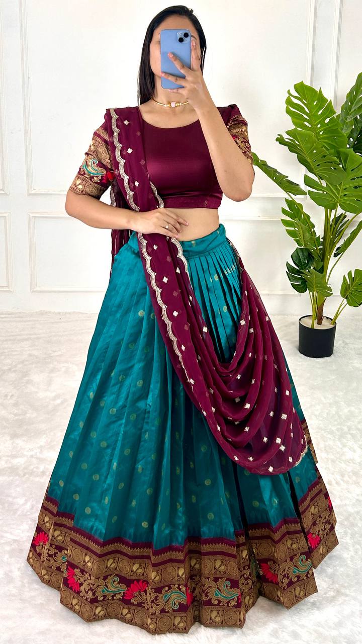 Firozi South India Special Jacquard Lehenga Choli – Perfect for Sankranti, Pongal, Onam, and Weddings