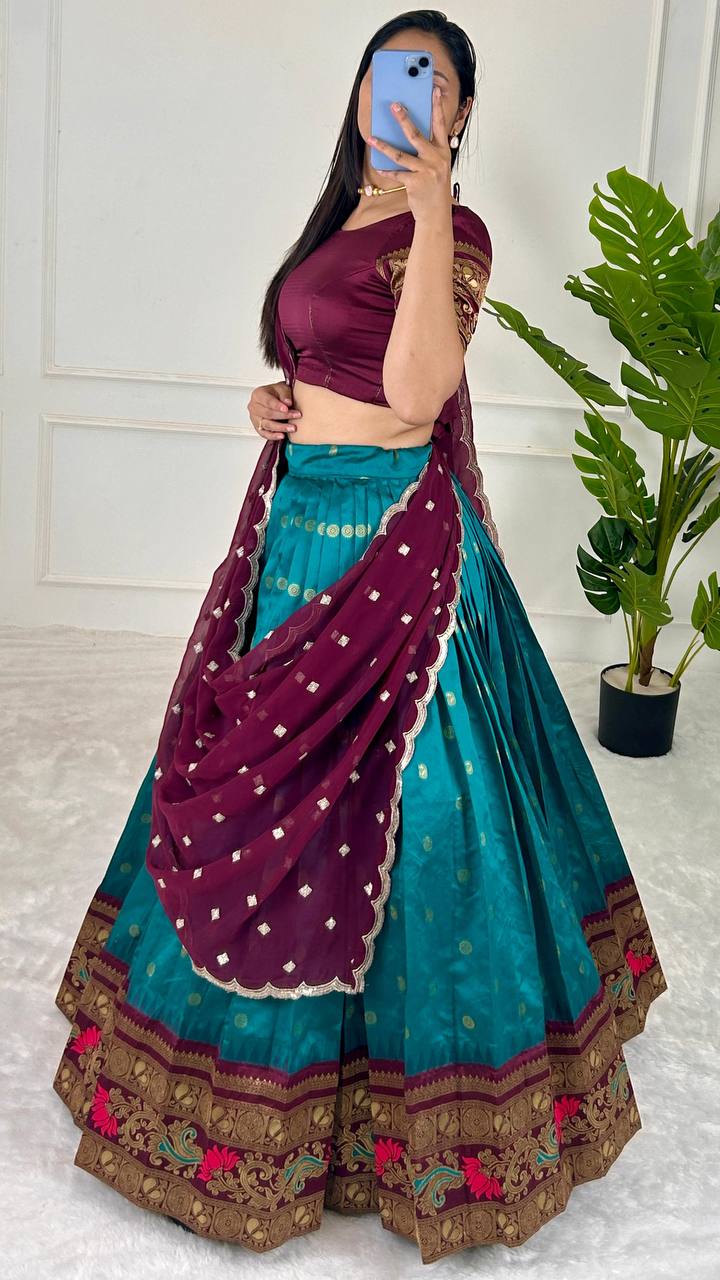 Firozi South India Special Jacquard Lehenga Choli – Perfect for Sankranti, Pongal, Onam, and Weddings