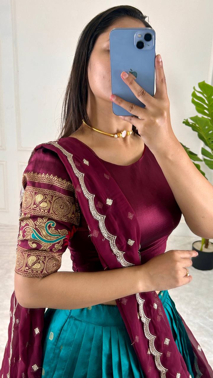 Firozi South India Special Jacquard Lehenga Choli – Perfect for Sankranti, Pongal, Onam, and Weddings