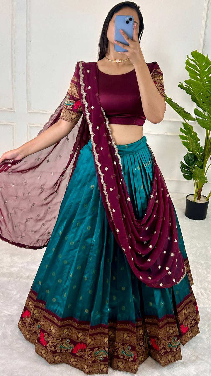 Firozi South India Special Jacquard Lehenga Choli – Perfect for Sankranti, Pongal, Onam, and Weddings
