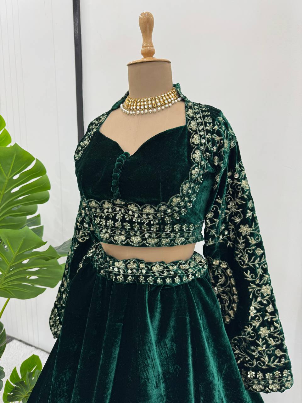 Green Velvet Lehenga Choli with Intricate Embroidery