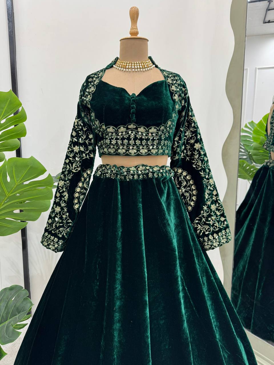 Green Velvet Lehenga Choli with Intricate Embroidery