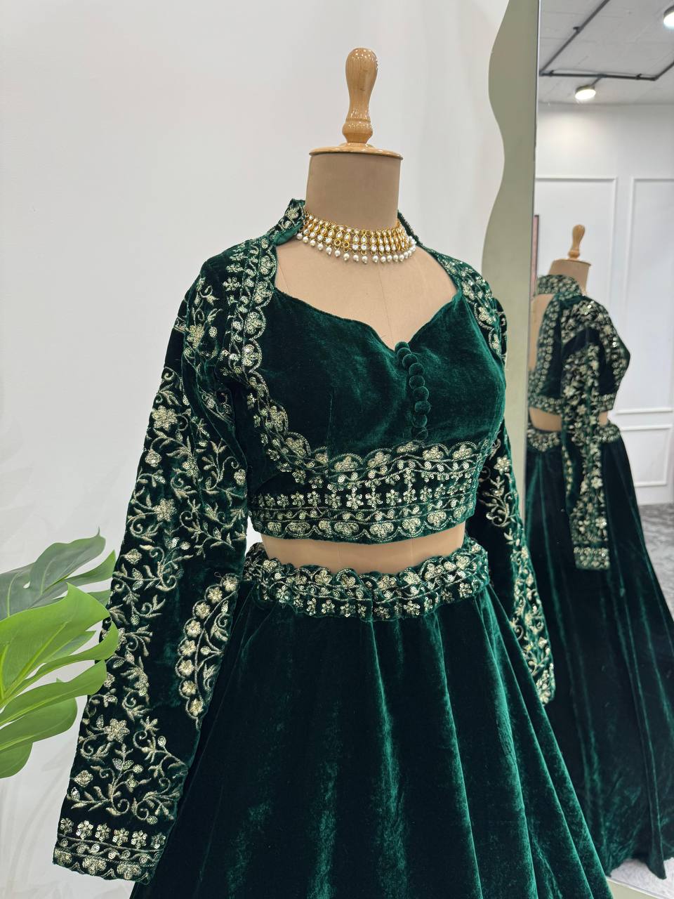 Green Velvet Lehenga Choli with Intricate Embroidery