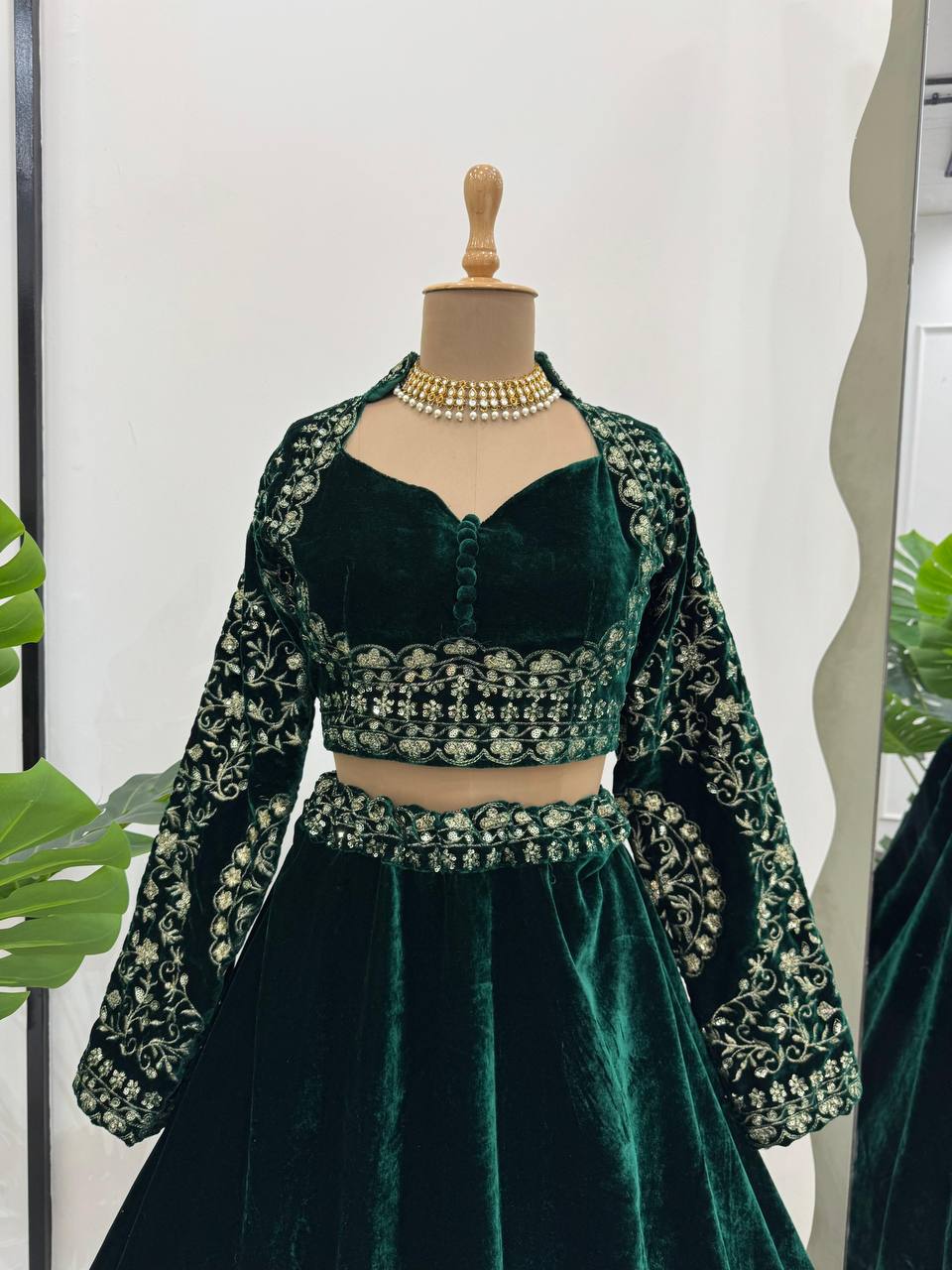 Green Velvet Lehenga Choli with Intricate Embroidery