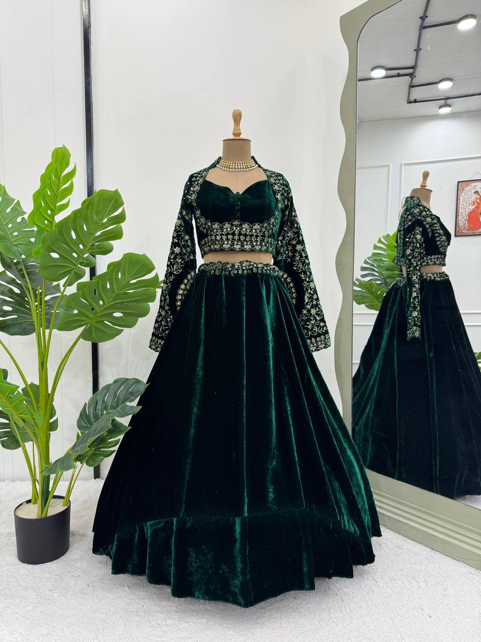 Green Velvet Lehenga Choli with Intricate Embroidery