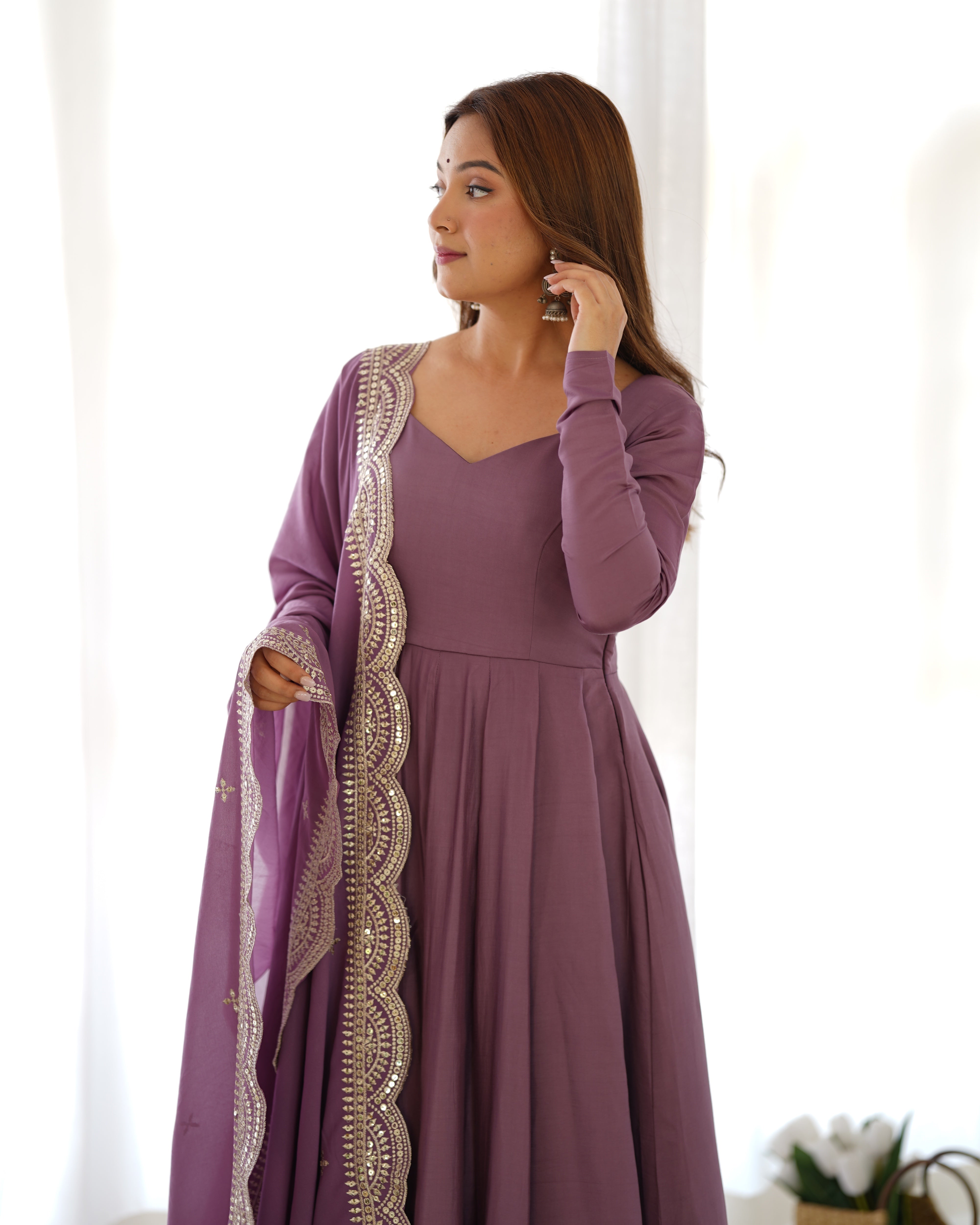 Perfect Functional Ceremonial Outfit in Anarkali Avatar Based in Roman Silk Chanderi Fabric Designer Suit for Upcoming Festivals and More Events