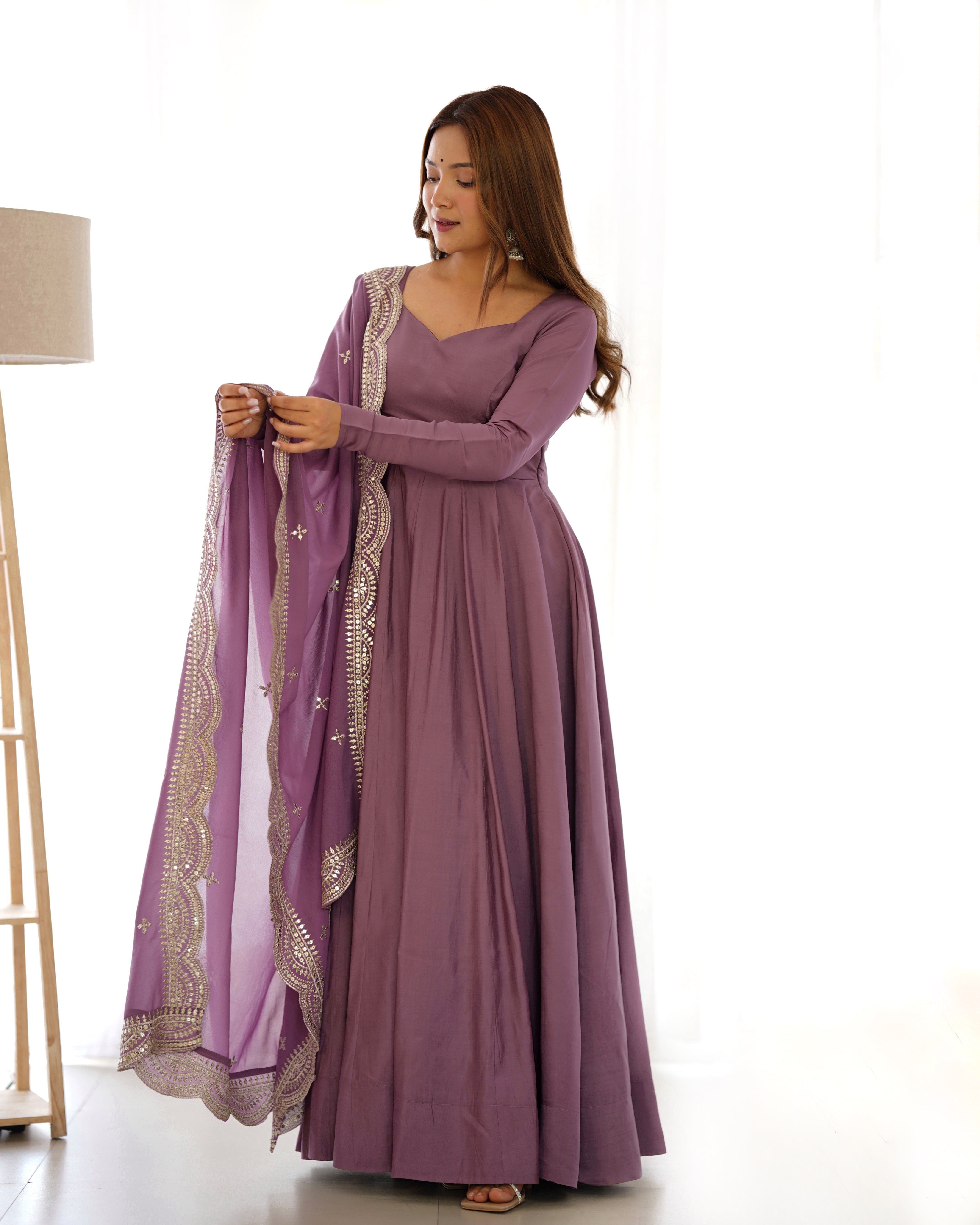 Perfect Functional Ceremonial Outfit in Anarkali Avatar Based in Roman Silk Chanderi Fabric Designer Suit for Upcoming Festivals and More Events