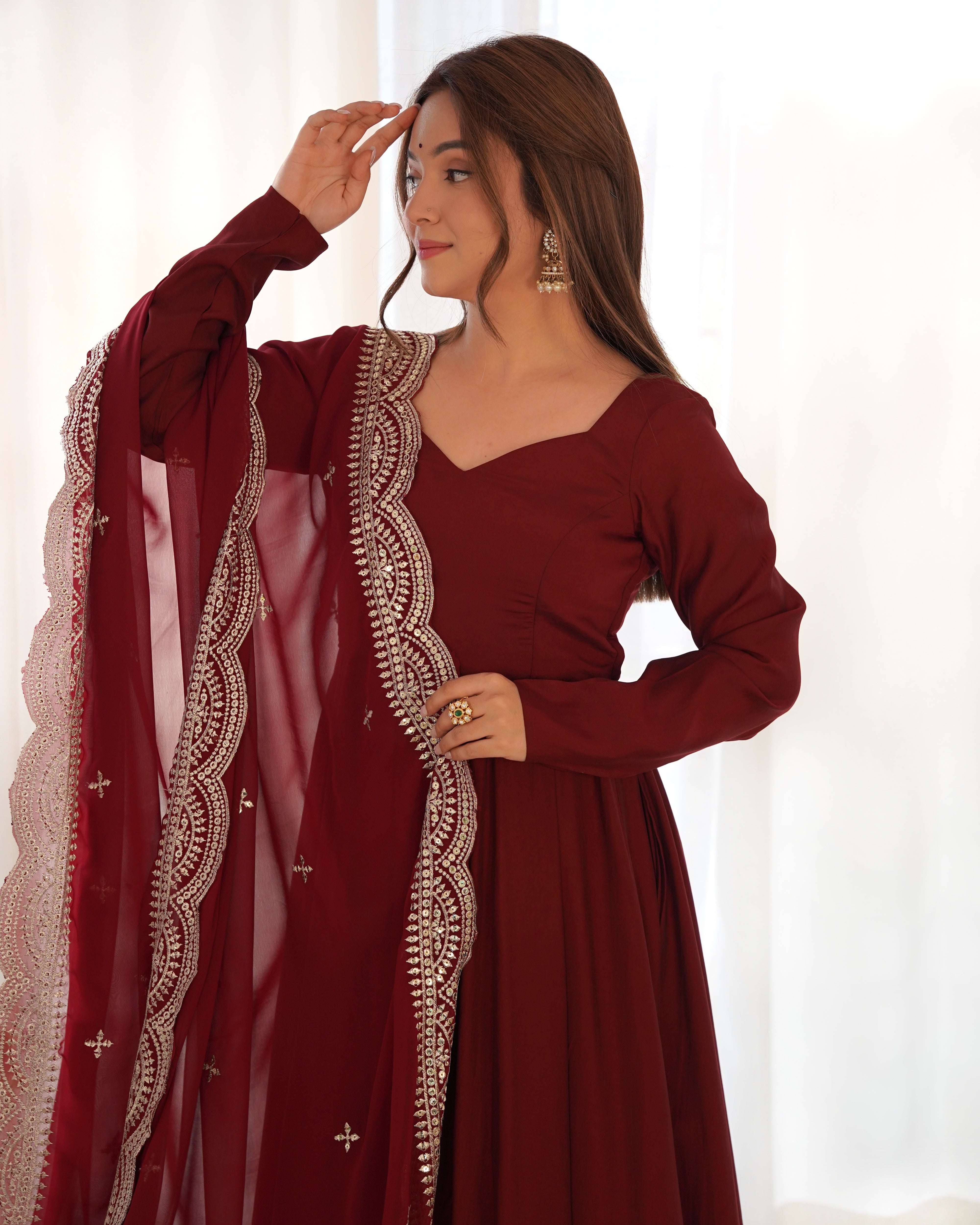 Perfect Functional Ceremonial Outfit in Anarkali Avatar Based in Roman Silk Chanderi Fabric Designer Suit for Upcoming Festivals and More Events