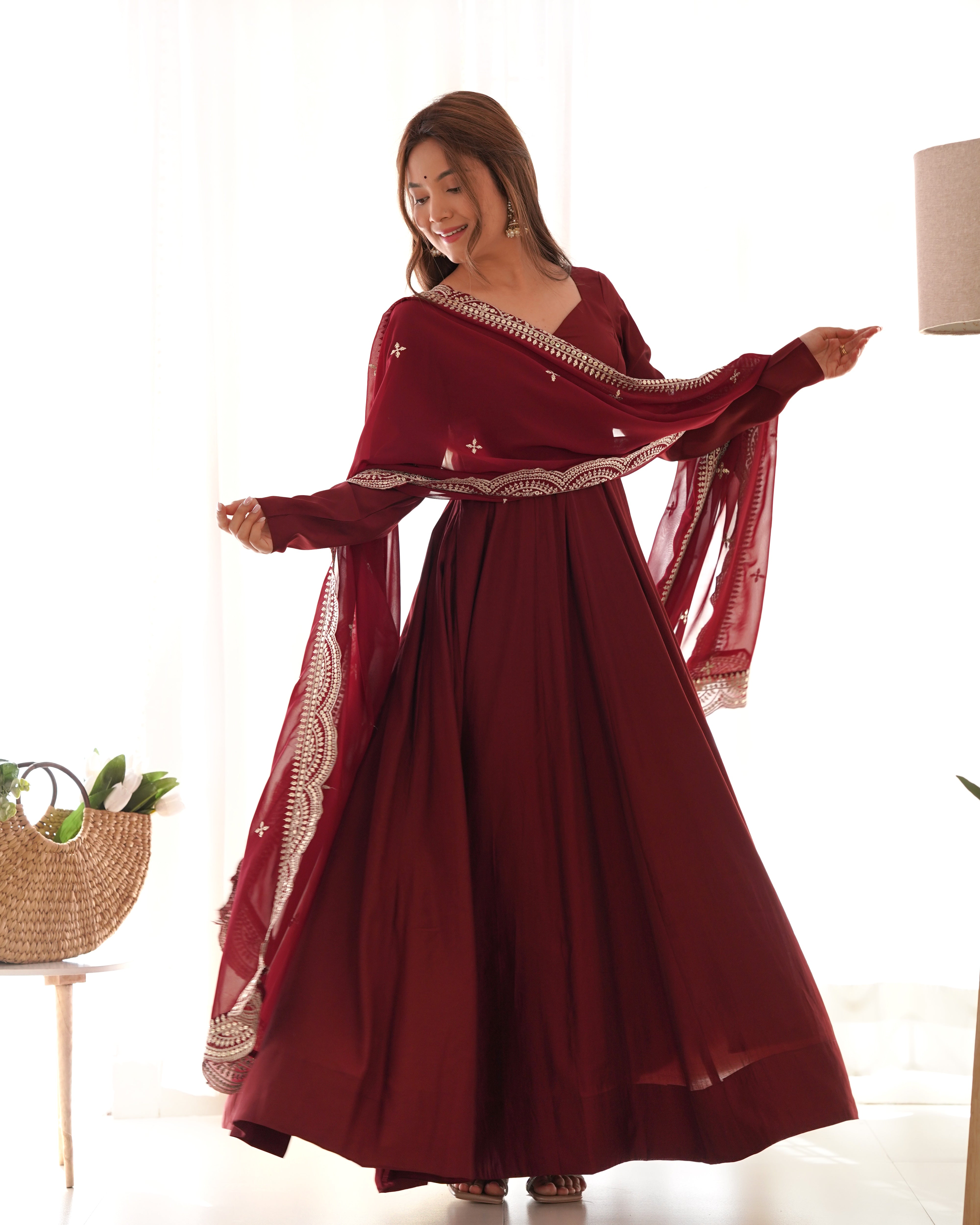 Perfect Functional Ceremonial Outfit in Anarkali Avatar Based in Roman Silk Chanderi Fabric Designer Suit for Upcoming Festivals and More Events