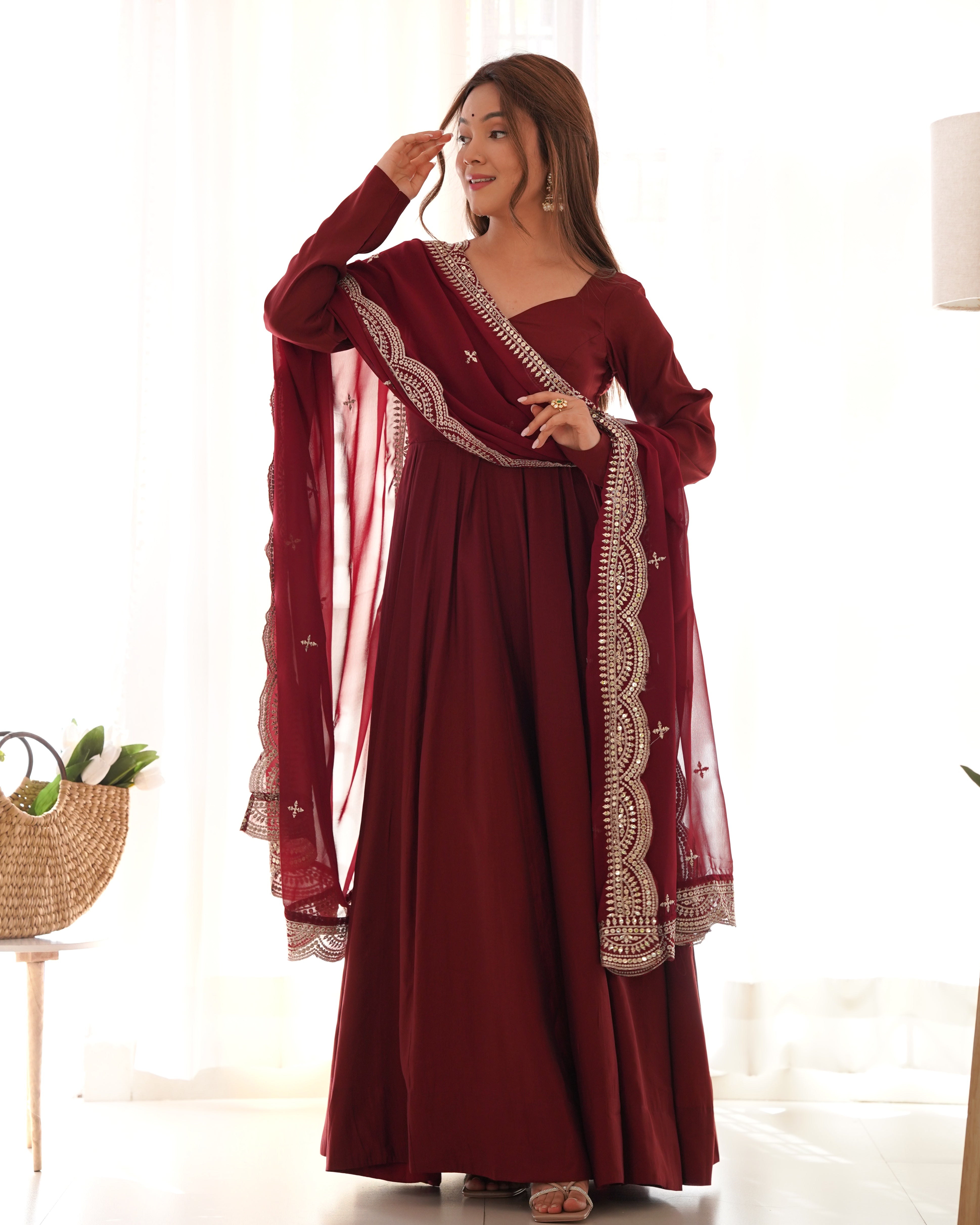 Perfect Functional Ceremonial Outfit in Anarkali Avatar Based in Roman Silk Chanderi Fabric Designer Suit for Upcoming Festivals and More Events