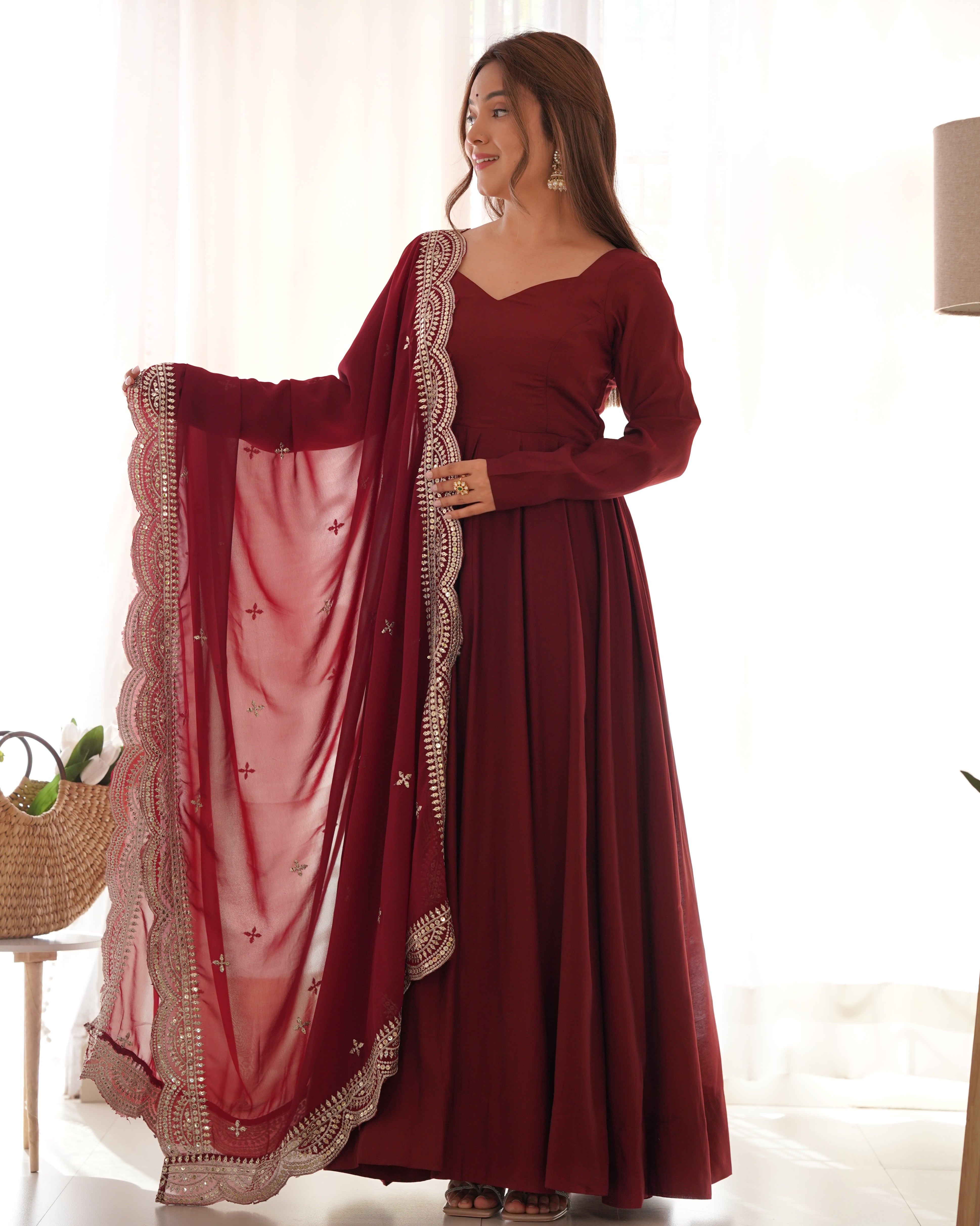 Perfect Functional Ceremonial Outfit in Anarkali Avatar Based in Roman Silk Chanderi Fabric Designer Suit for Upcoming Festivals and More Events