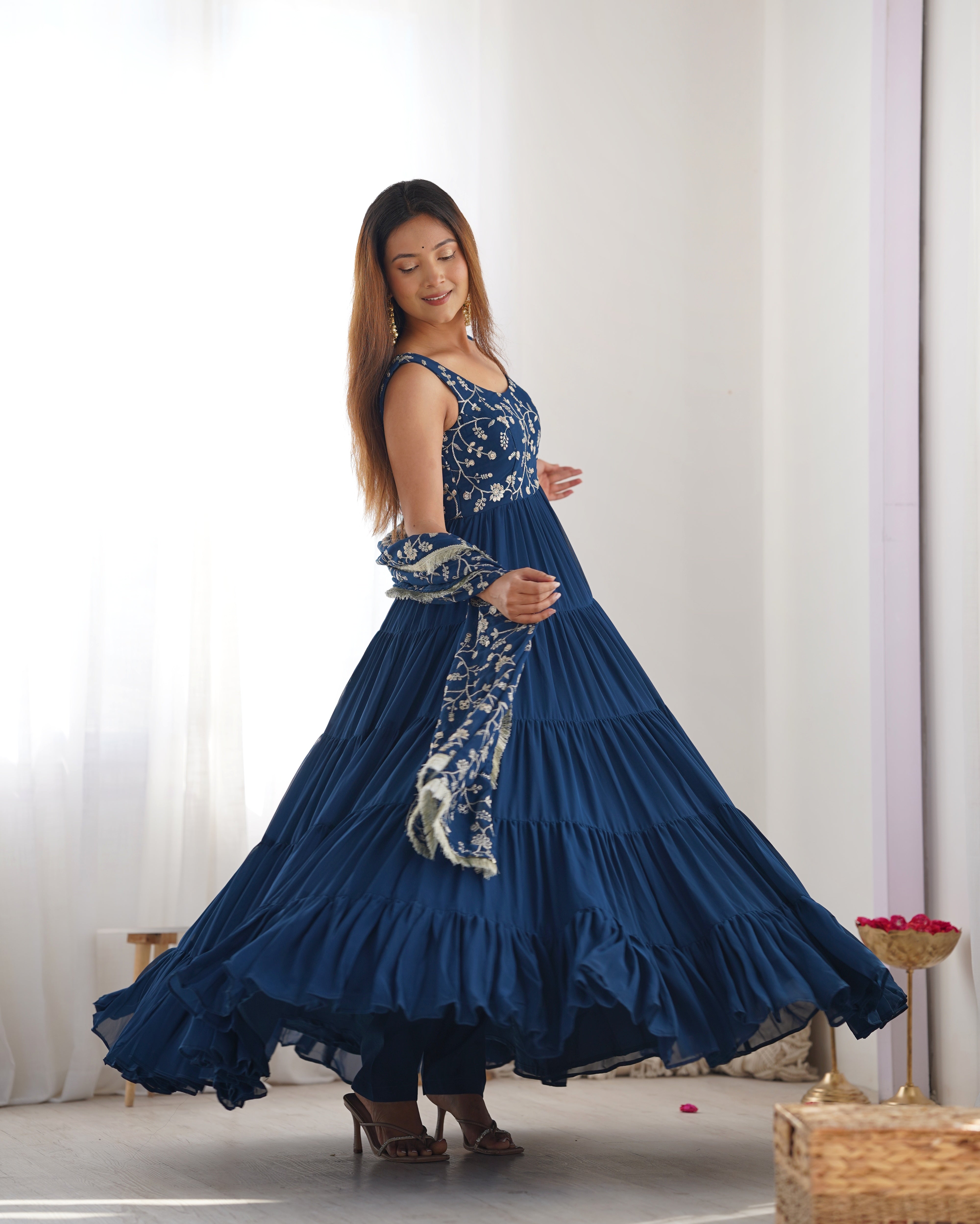 Teal Blue Georgette Ruffle Anarkali Suit Embroidery Work & Elegant Flair Queenchoice India Teal Blue Georgette Ruffle Anarkali Suit Embroidery Work & Elegant Flair Queenchoice India