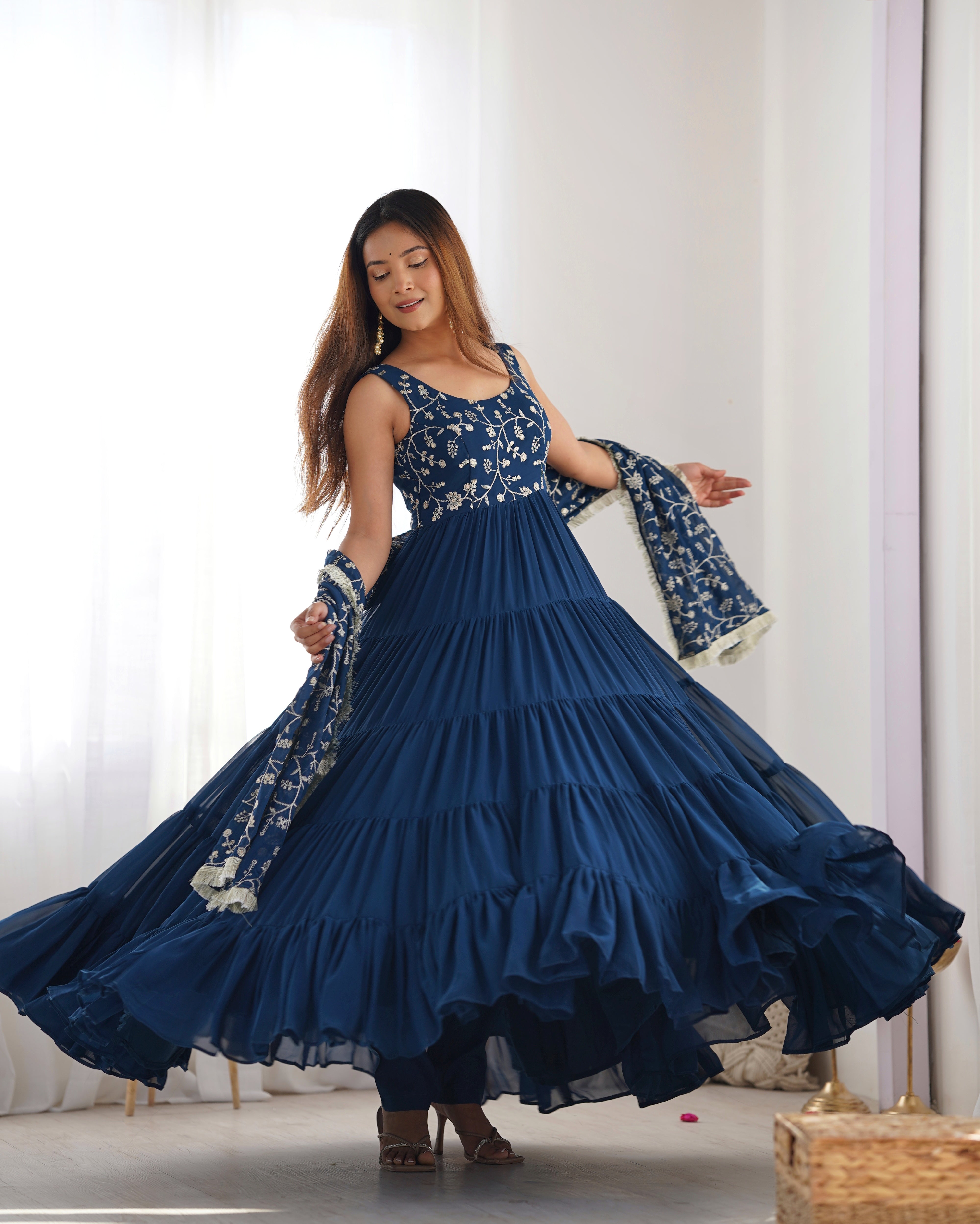 Teal Blue Georgette Ruffle Anarkali Suit Embroidery Work & Elegant Flair Queenchoice India Teal Blue Georgette Ruffle Anarkali Suit Embroidery Work & Elegant Flair Queenchoice India