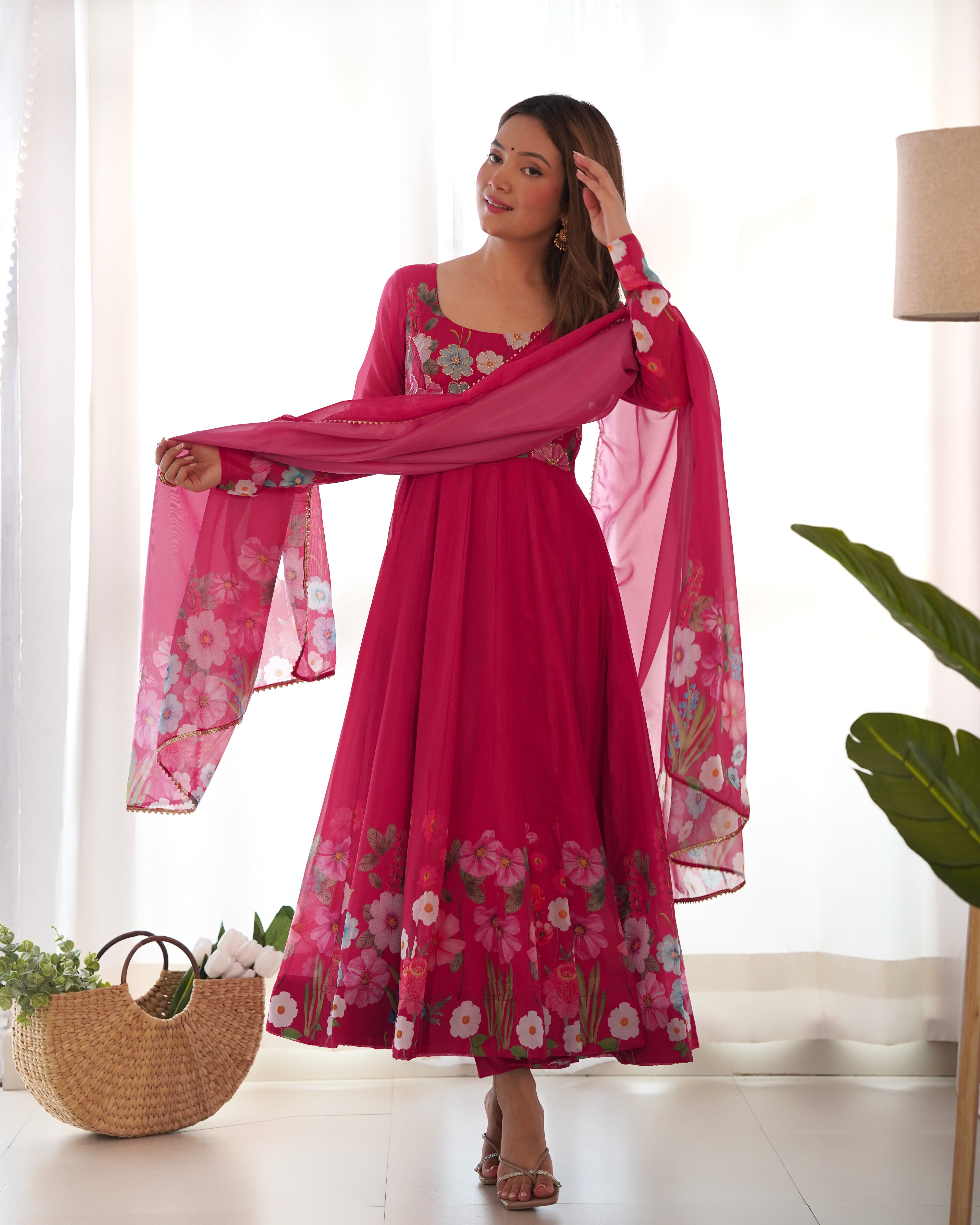 Complete set of Pink Embroidered Anarkali Suit with Dupatta – Perfect for Weddings and Festive Celebrations