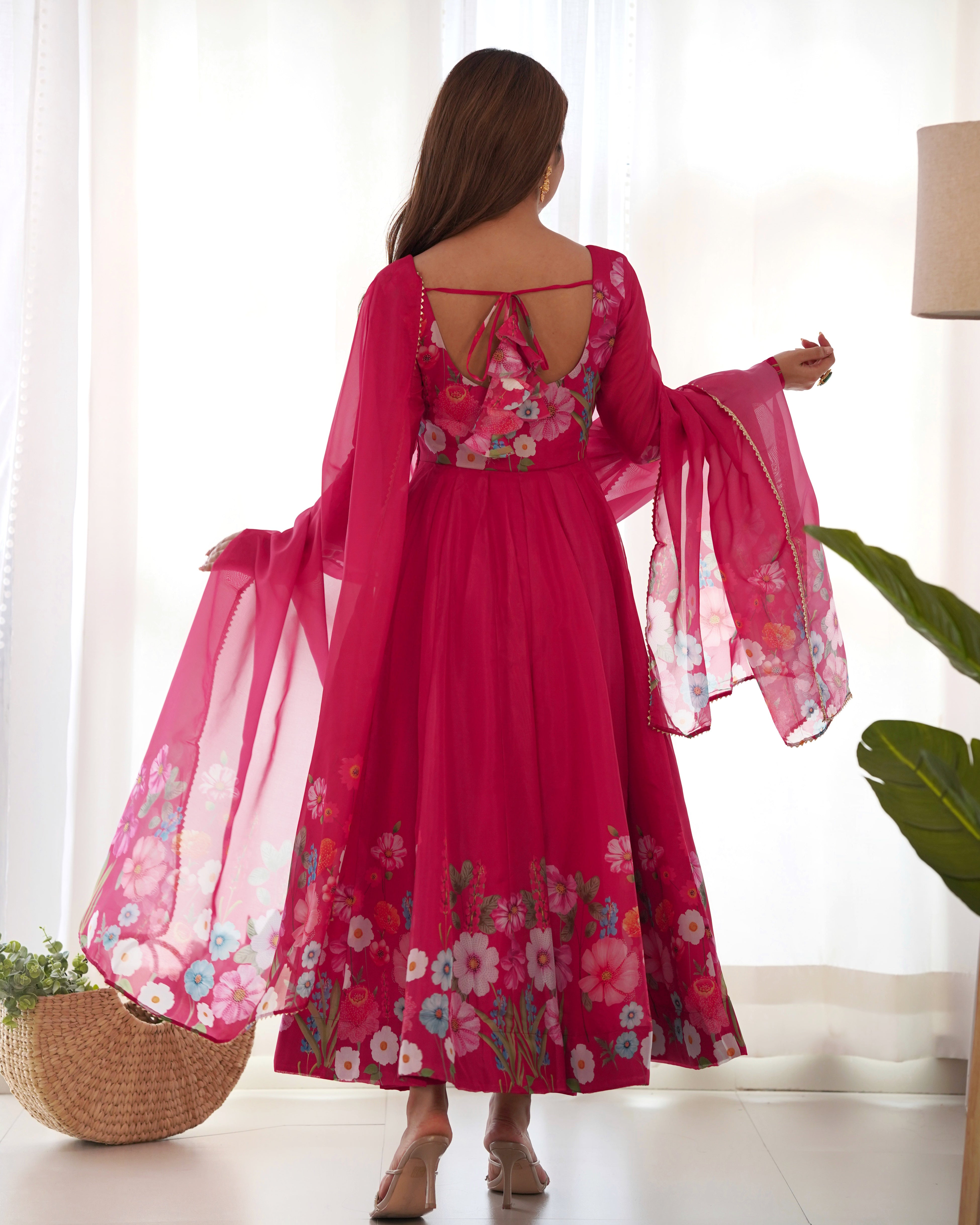 Back view of Pink Floral Digital Print Anarkali Suit showcasing flowing silhouette and elegant design