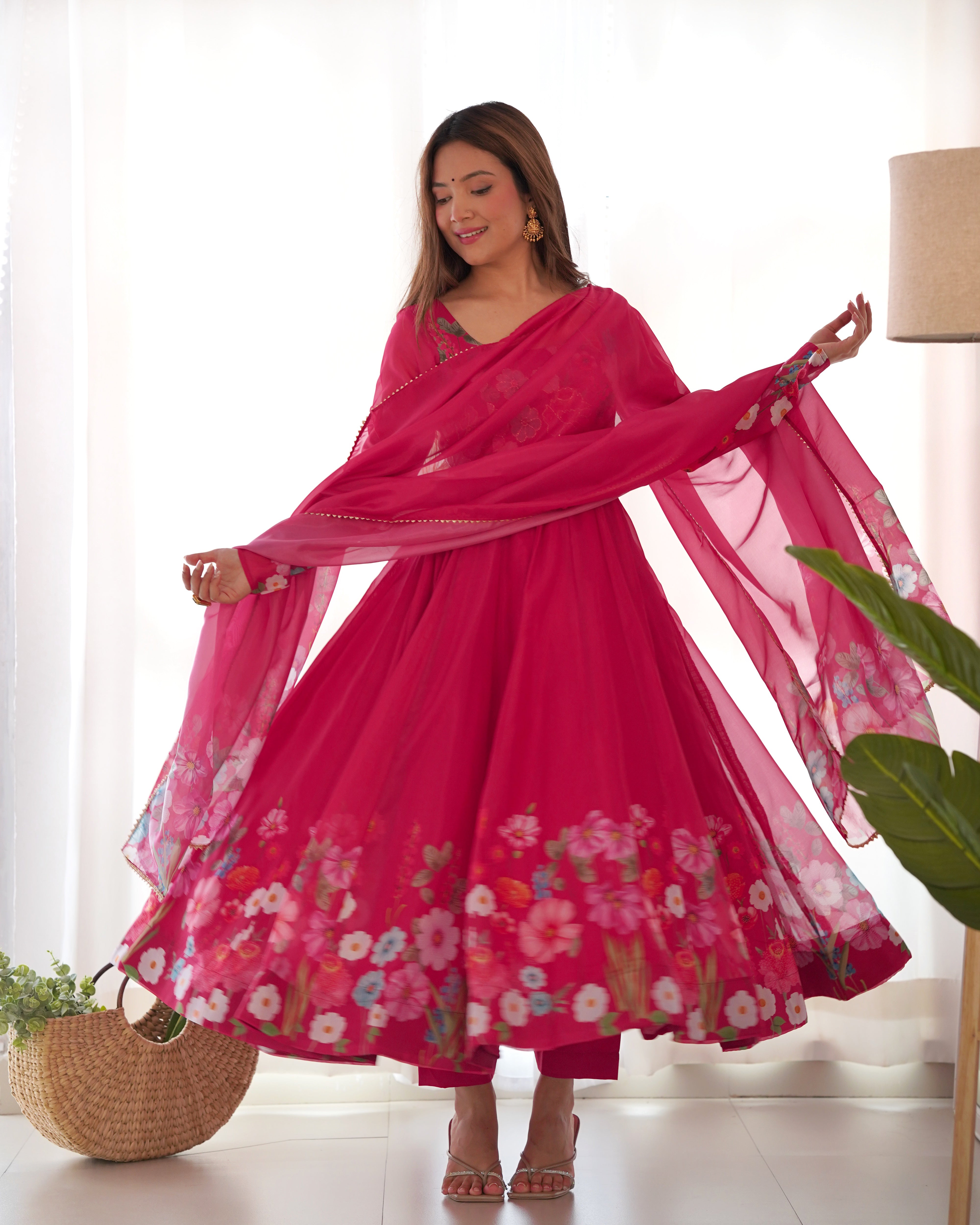 Front view of Pink Embroidered Anarkali Suit with Floral Digital Print for Women – Elegant Ethnic Wear