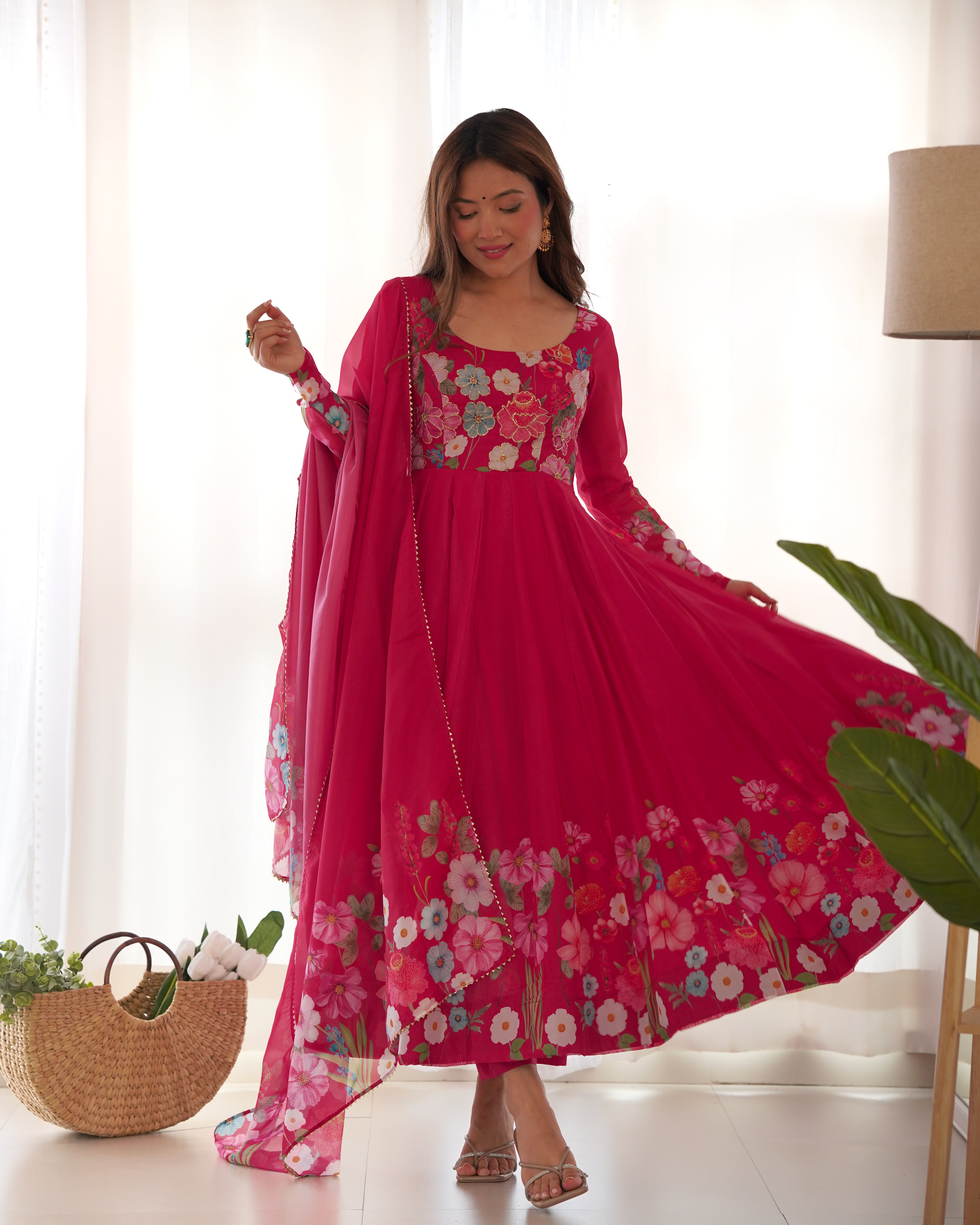 Complete set of Pink Embroidered Anarkali Suit with Dupatta – Perfect for Weddings and Festive Celebrations