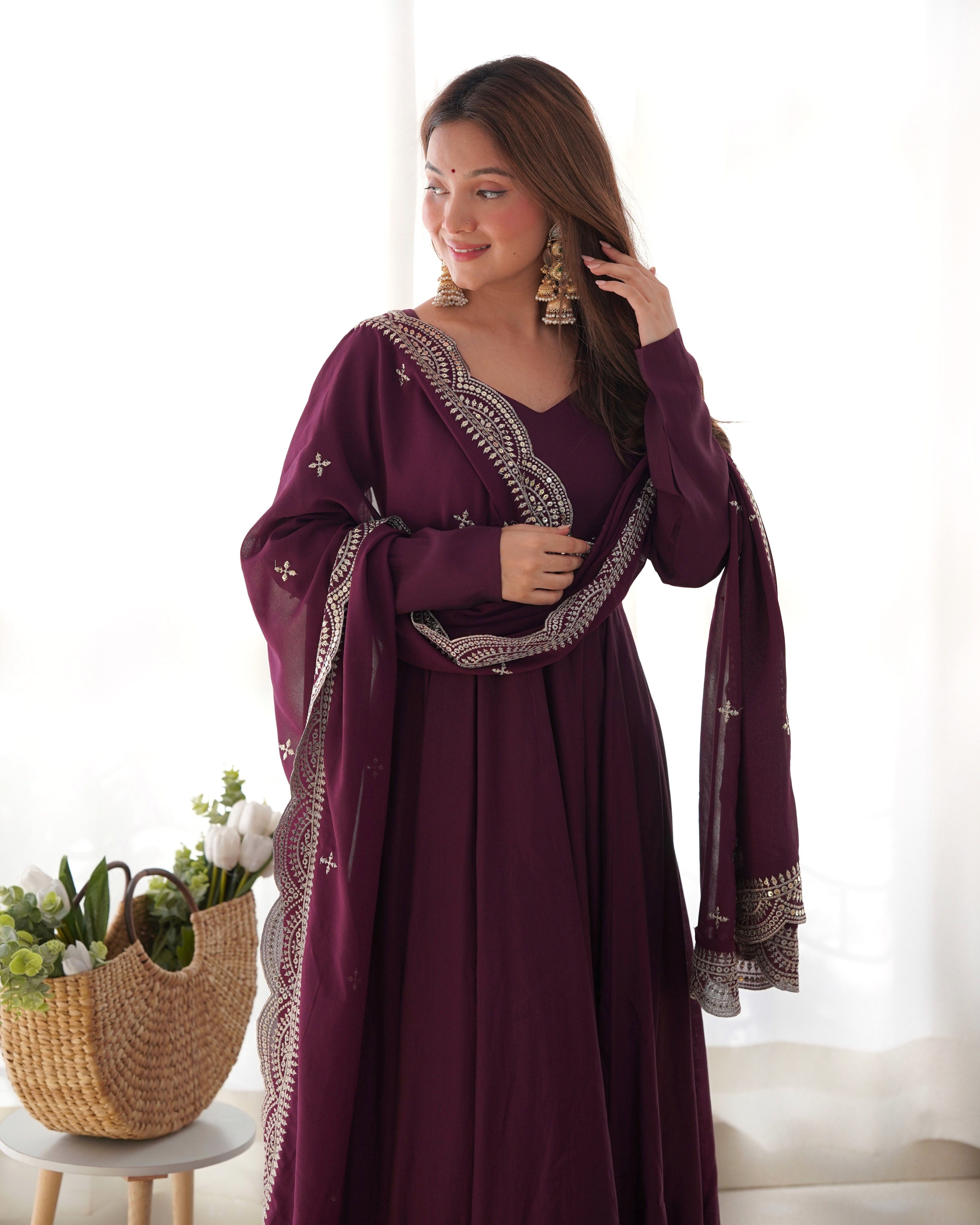 Perfect Functional Ceremonial Outfit in Anarkali Avatar Based in Roman Silk Chanderi Fabric Designer Suit for Upcoming Festivals and More Events