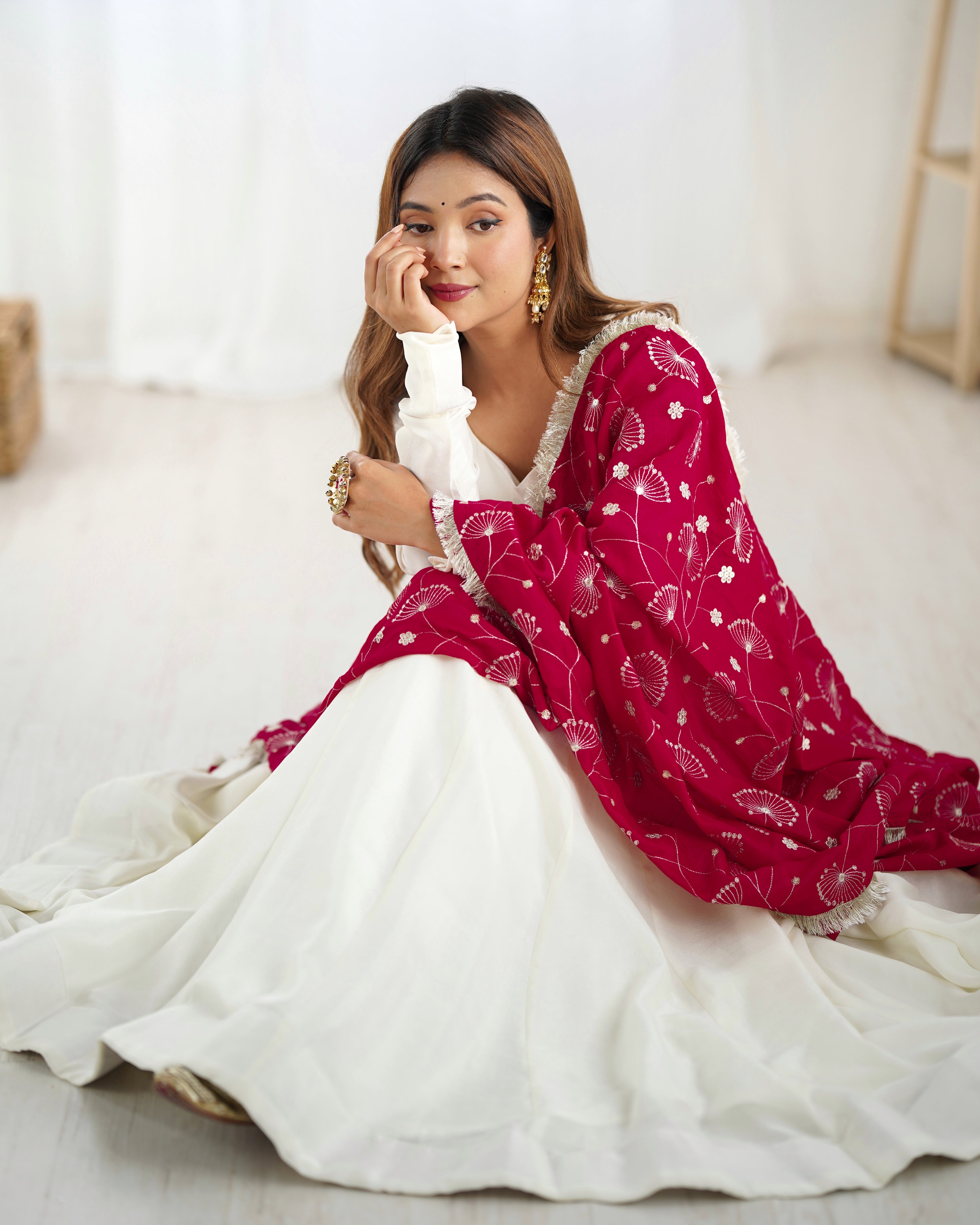 Detailed close-up of red embroidery on dupatta of White Vichitra Silk Anarkali Suit