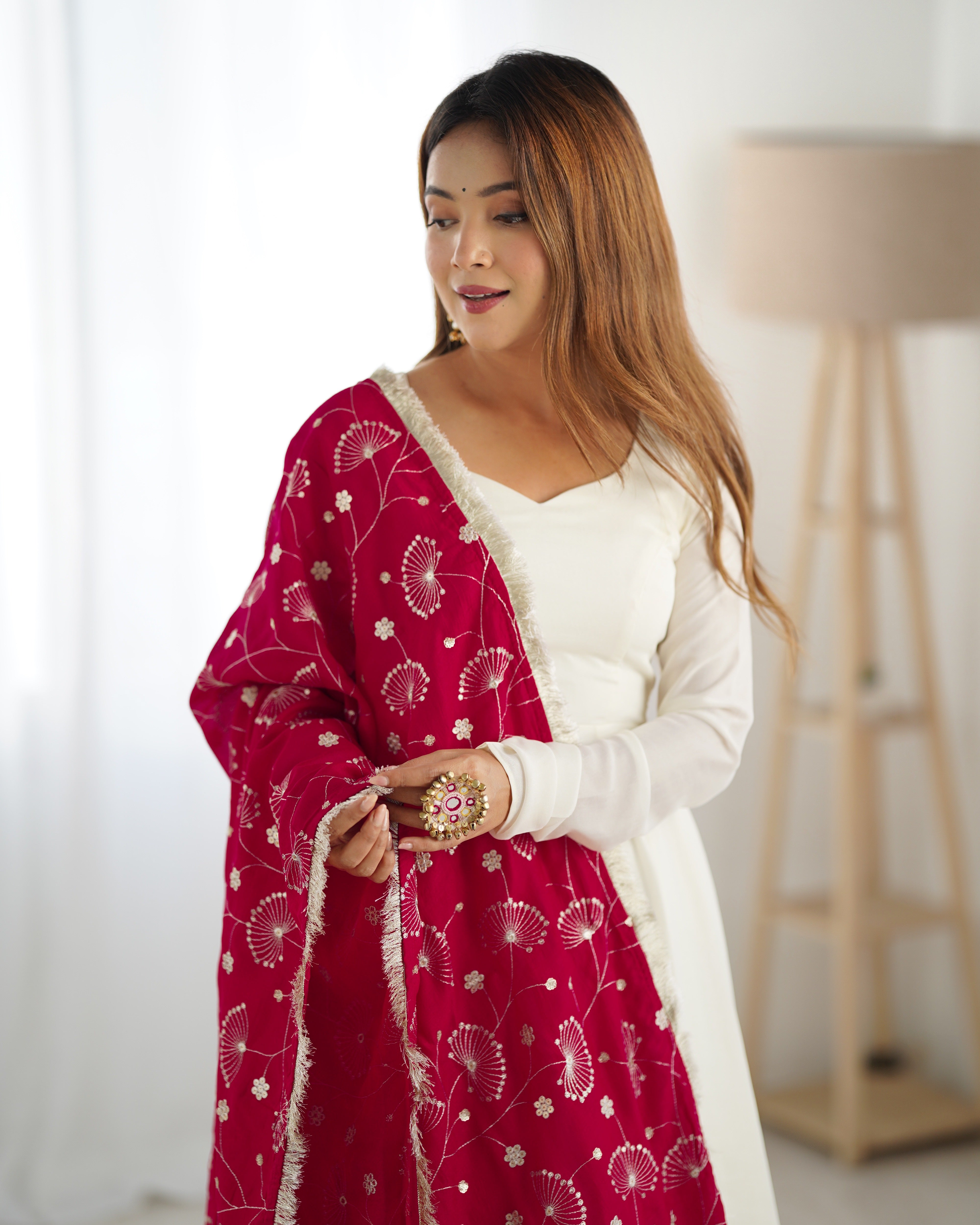 Detailed close-up of red embroidery on dupatta of White Vichitra Silk Anarkali Suit