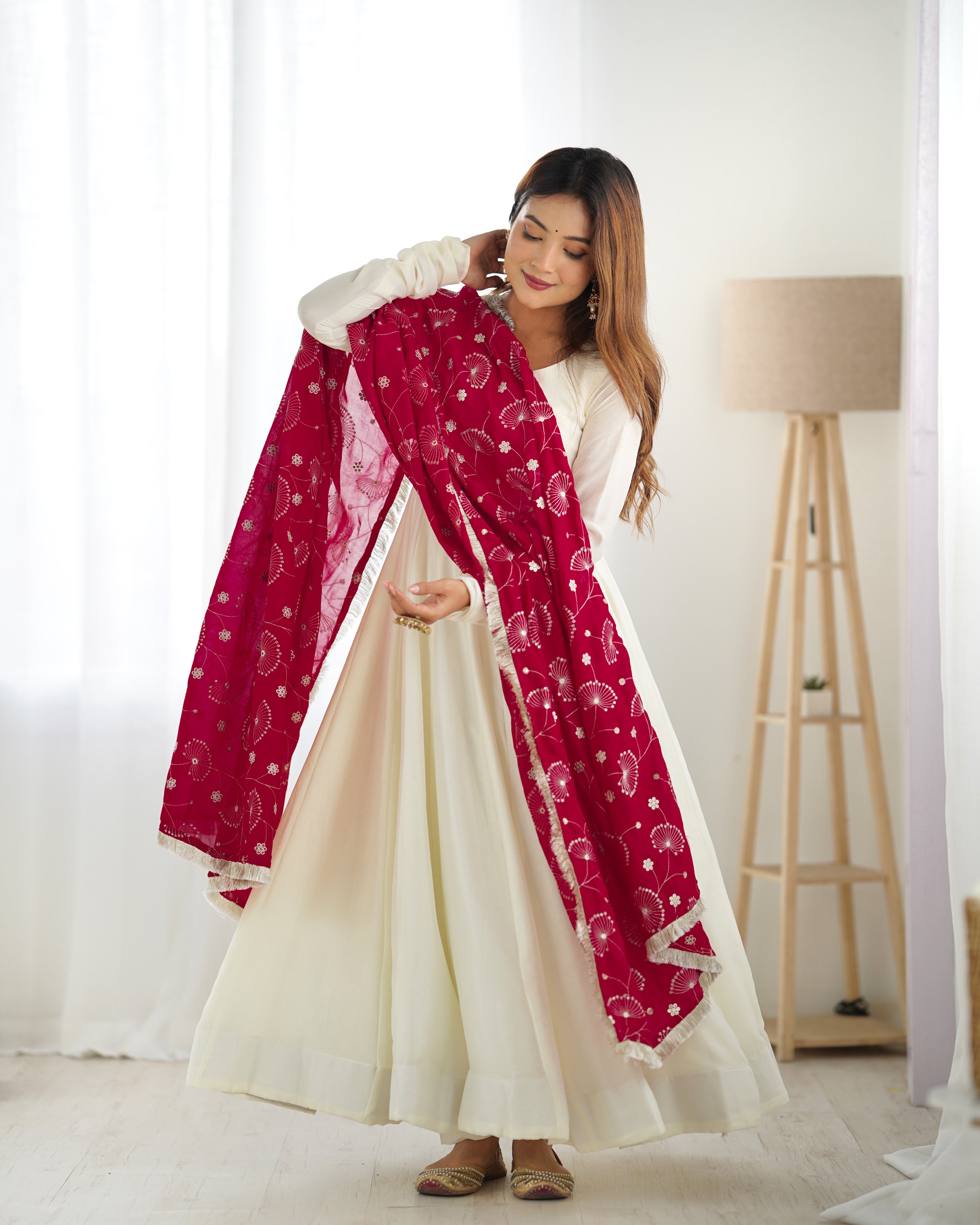 Complete set of White Vichitra Silk Anarkali Suit with Red Embroidered Dupatta – Elegant Outfit for Special Occasions