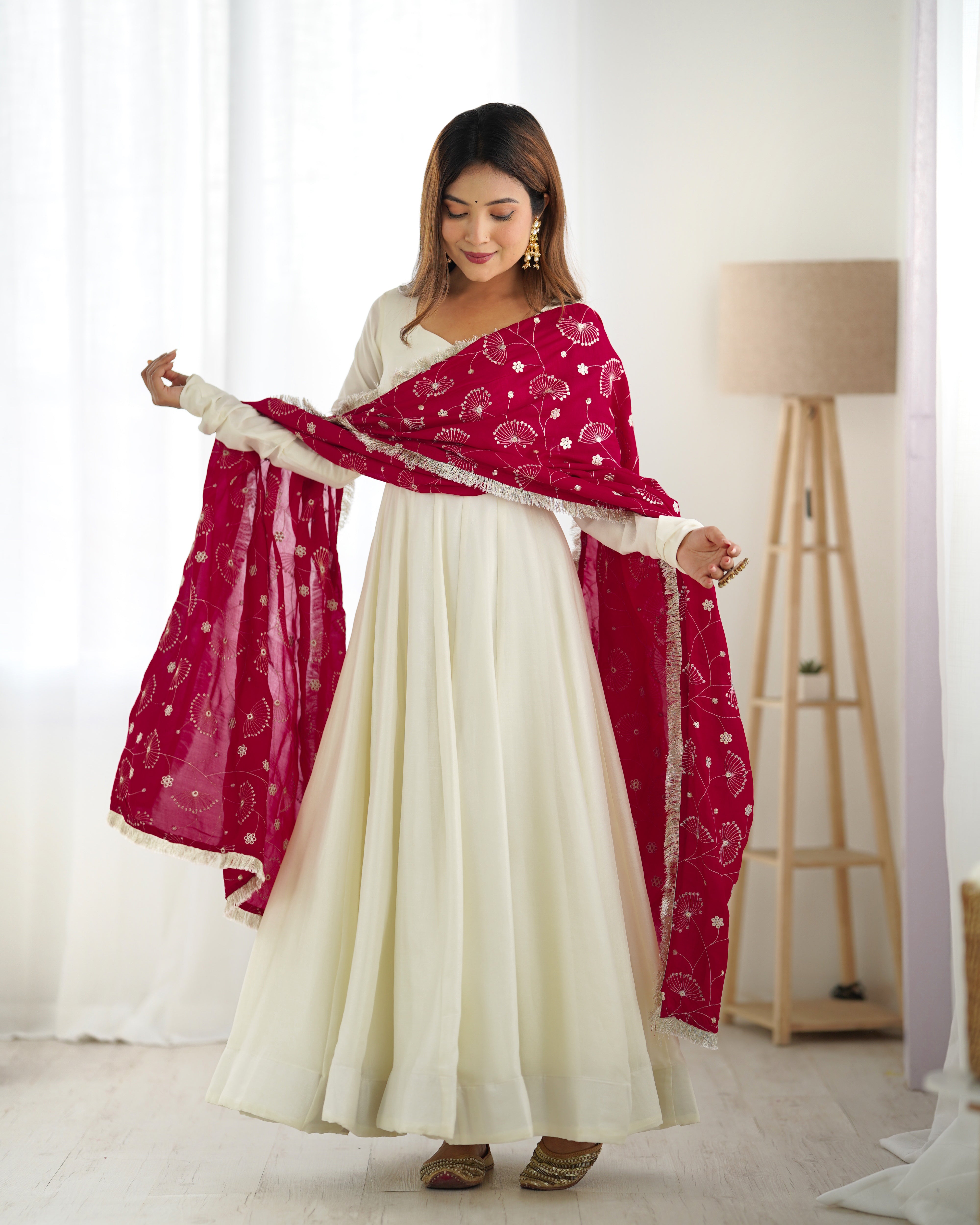 Complete set of White Vichitra Silk Anarkali Suit with Red Embroidered Dupatta – Elegant Outfit for Special Occasions