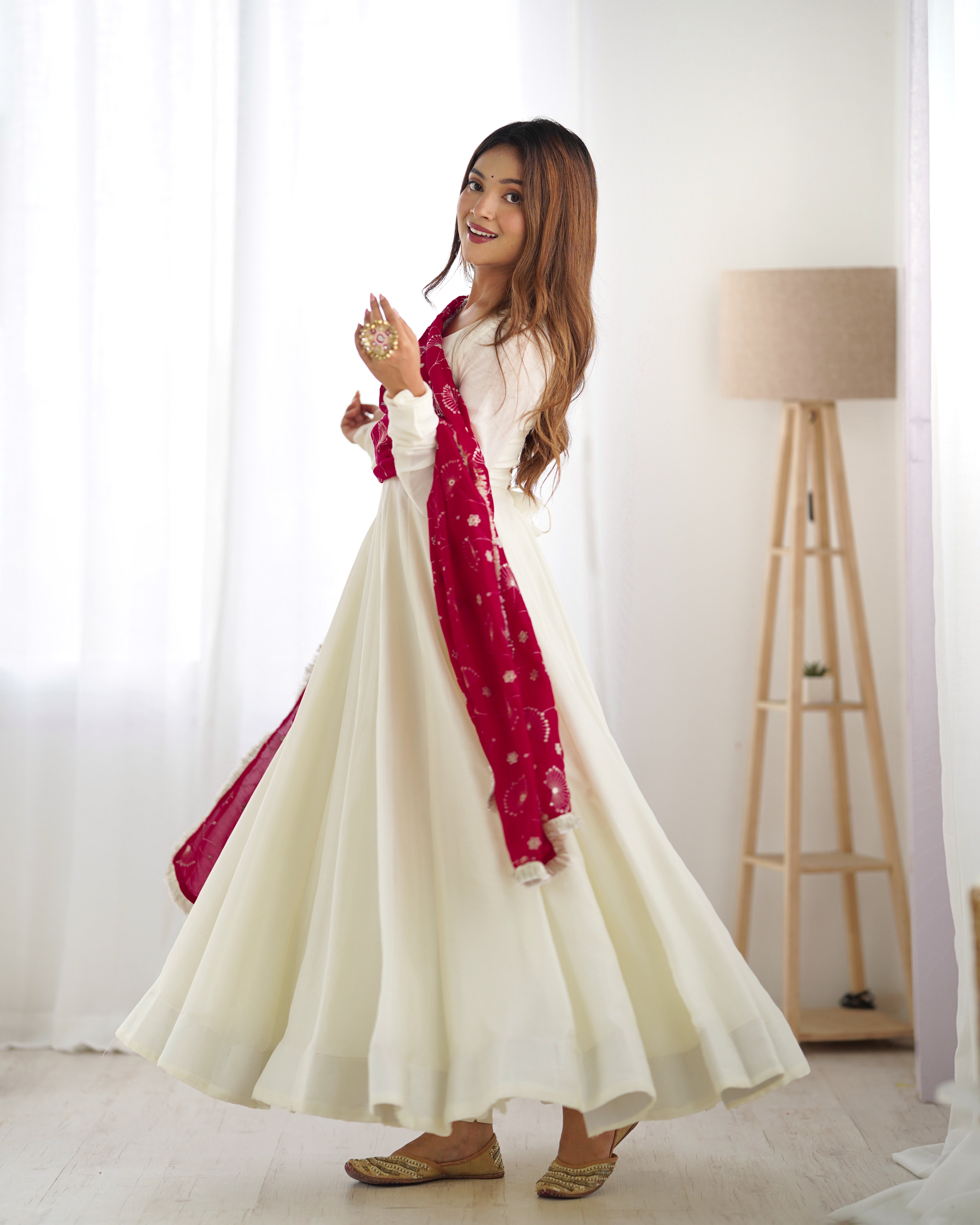 Side view of White Vichitra Silk Anarkali Suit highlighting the smooth Vichitra silk fabric and design