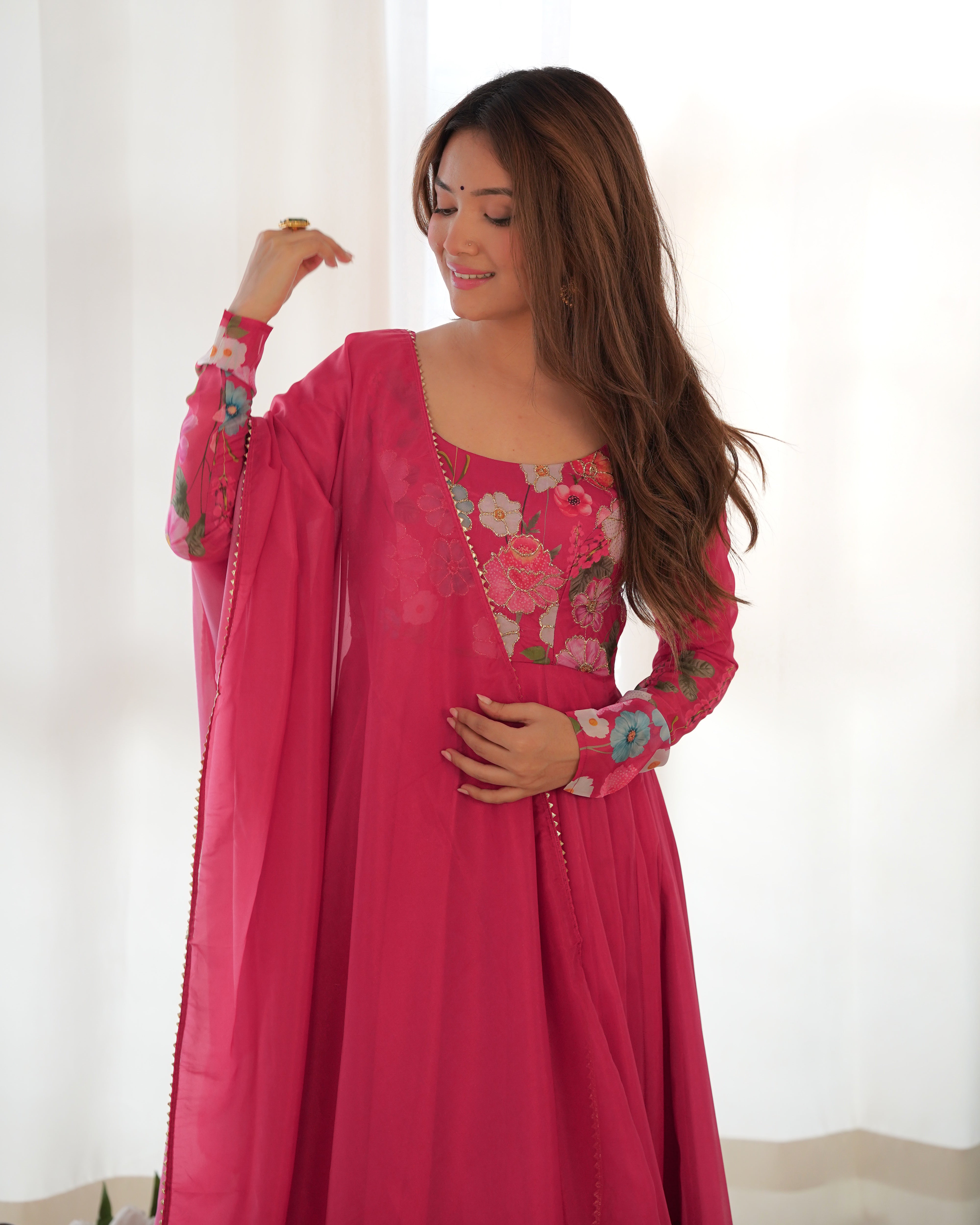 Side view of Pink Anarkali Suit highlighting embroidery and floral digital print details