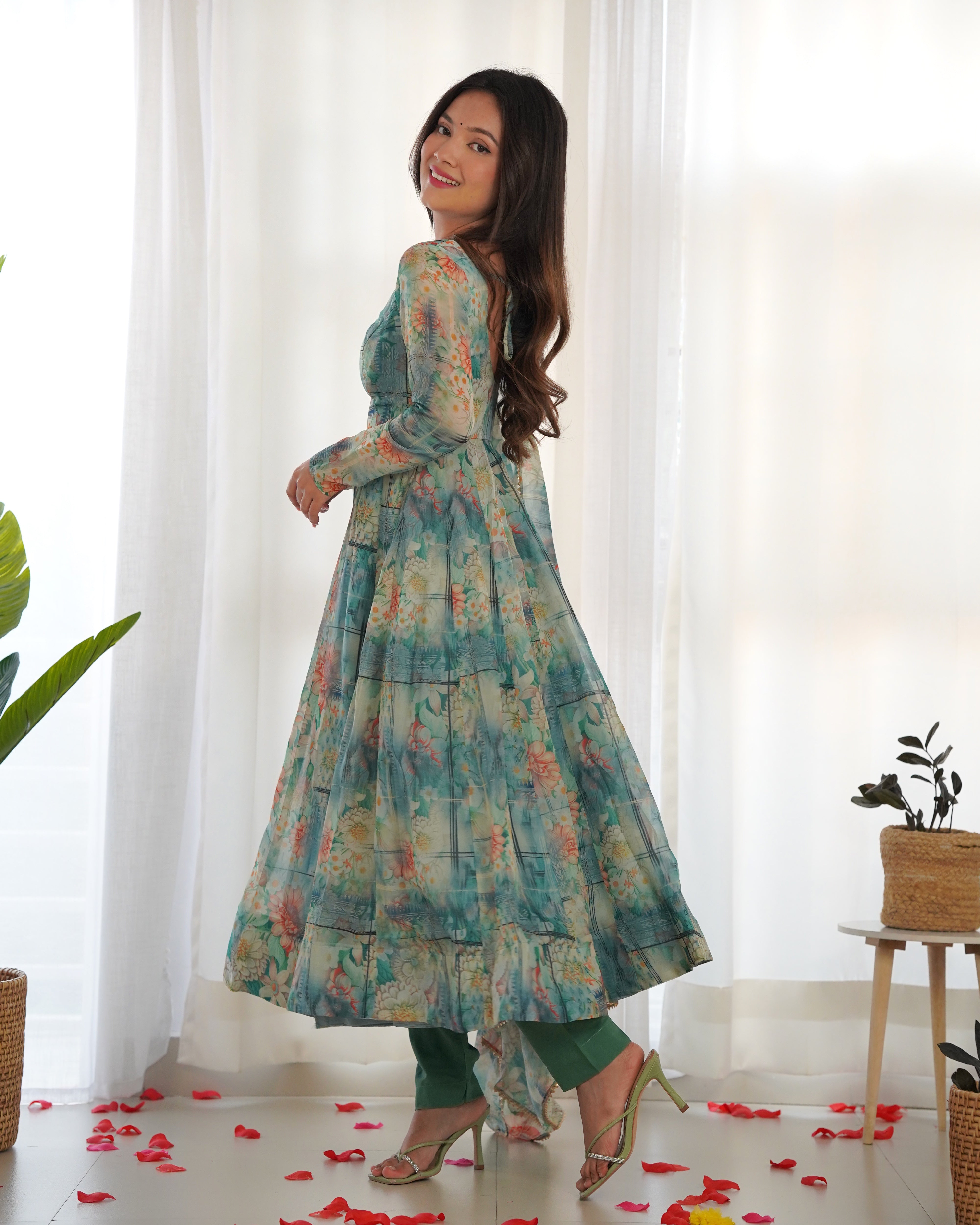 Stylish Kalidar Anarkali in Organza Silk Base Multi Printed Work Designer Suit for Upcoming Functions and Festivals