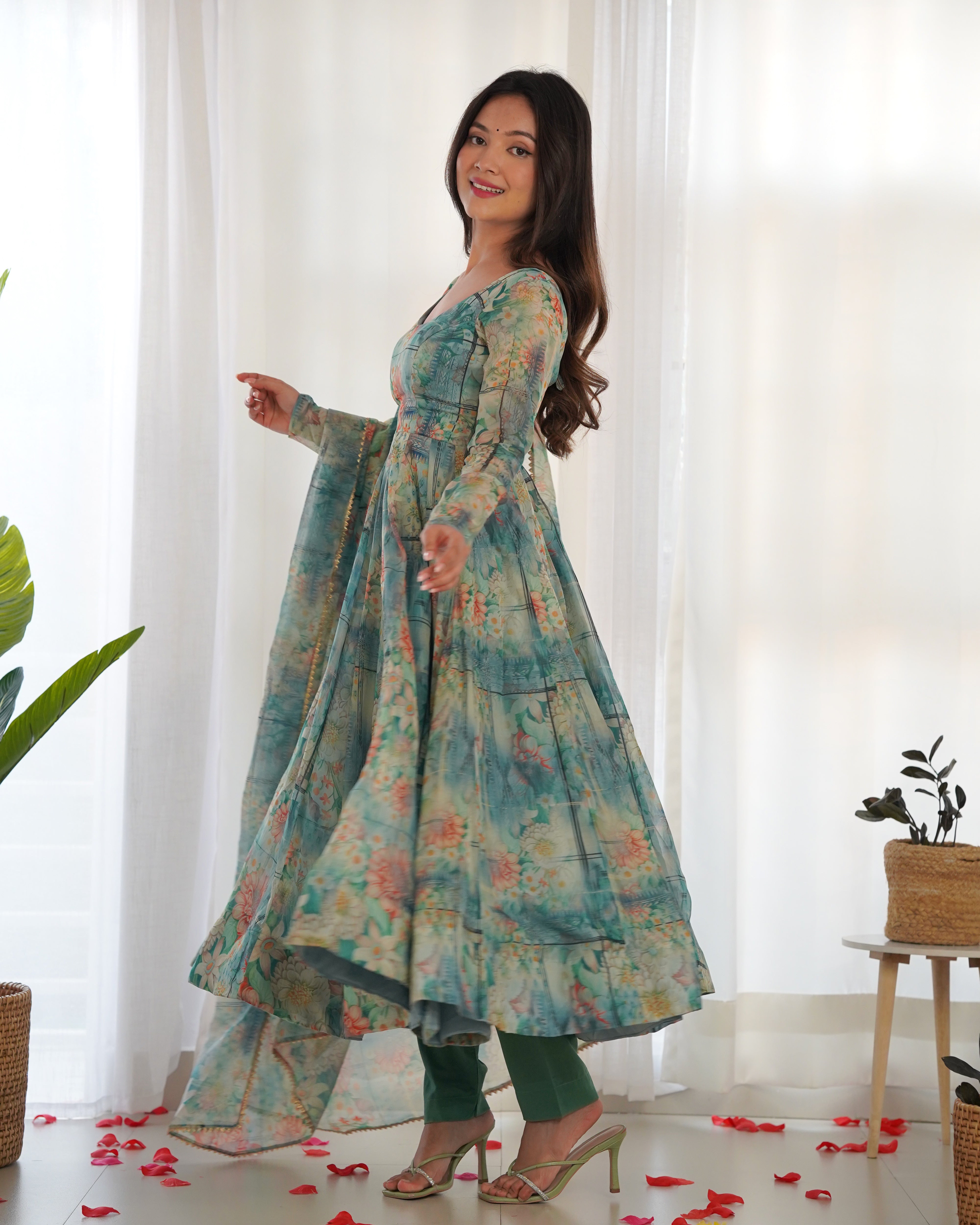 Stylish Kalidar Anarkali in Organza Silk Base Multi Printed Work Designer Suit for Upcoming Functions and Festivals