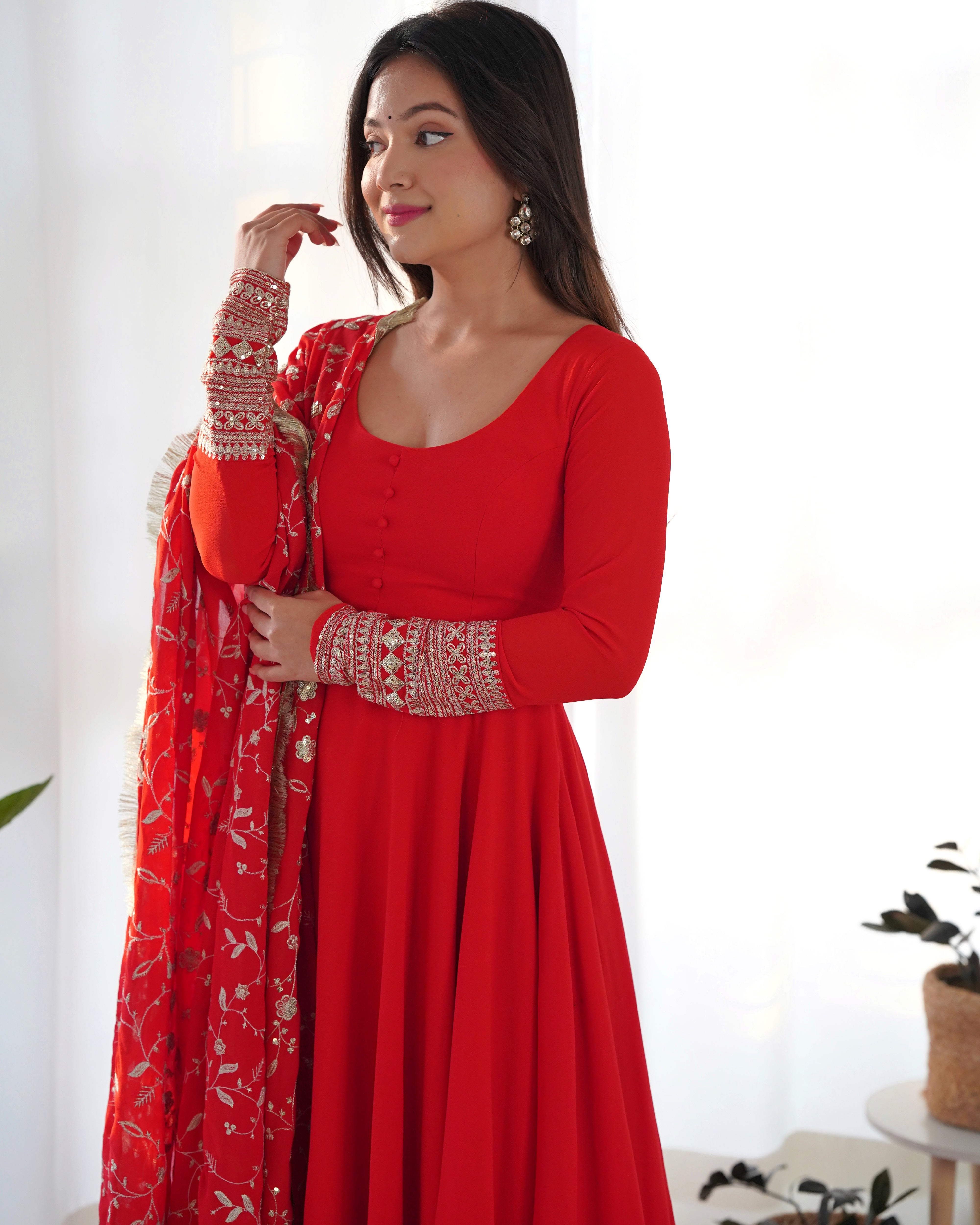 Red Color Base Flairy Anarkali Suit with Pant and Dupatta Set for Upcoming Functions and Weddings