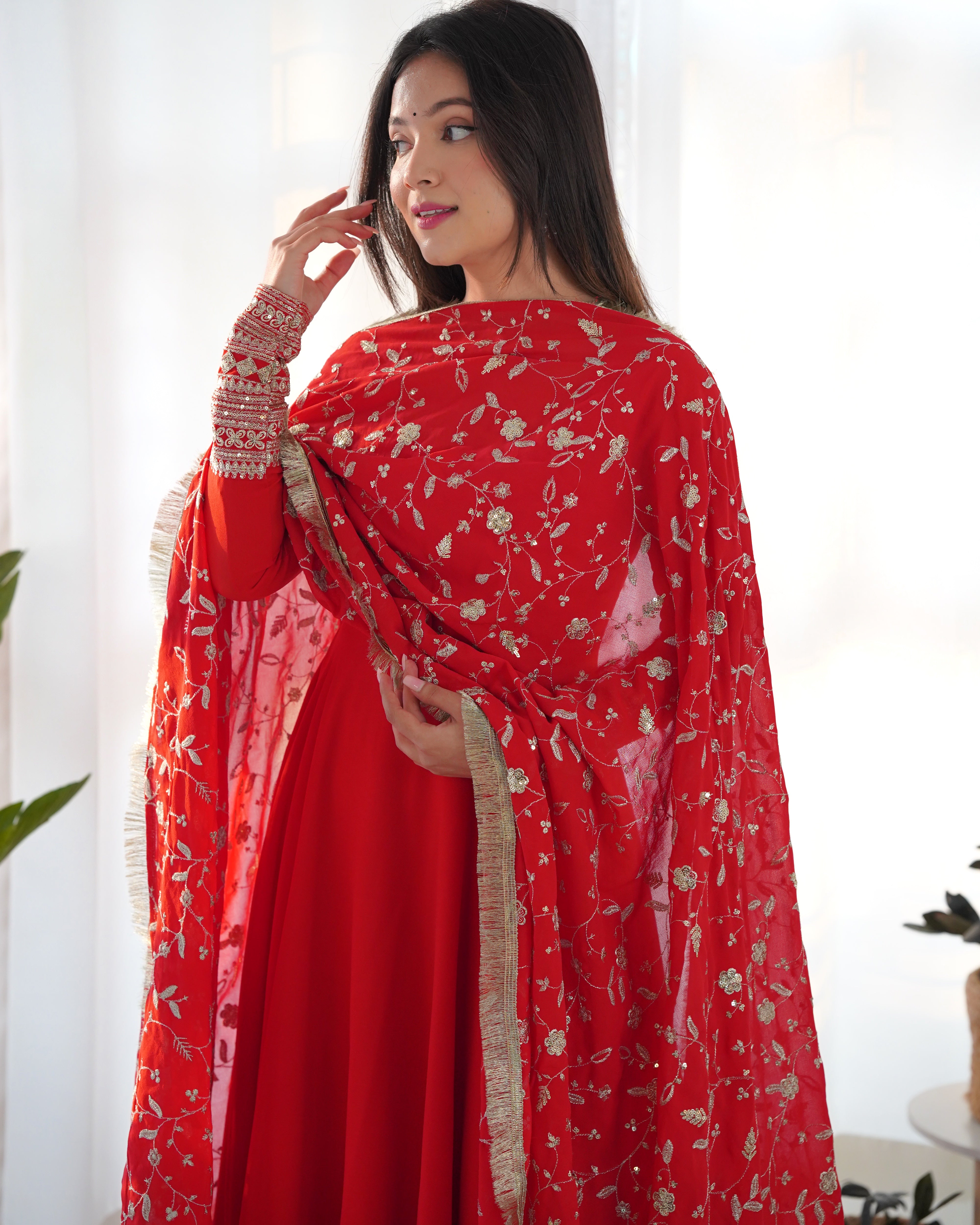 Red Color Base Flairy Anarkali Suit with Pant and Dupatta Set for Upcoming Functions and Weddings